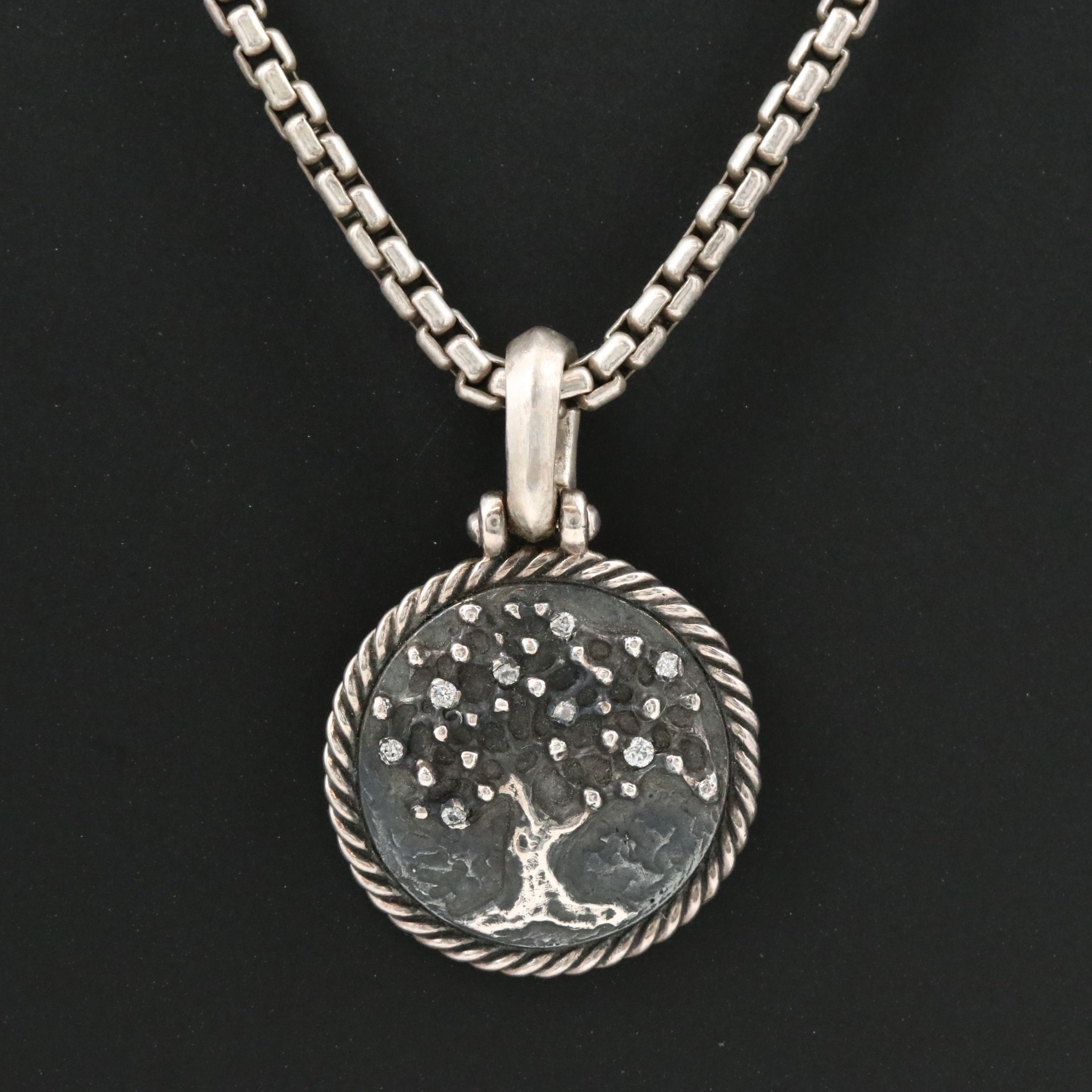 David Yurman Sterling and Diamond Tree of Life Amulet with Box Chain