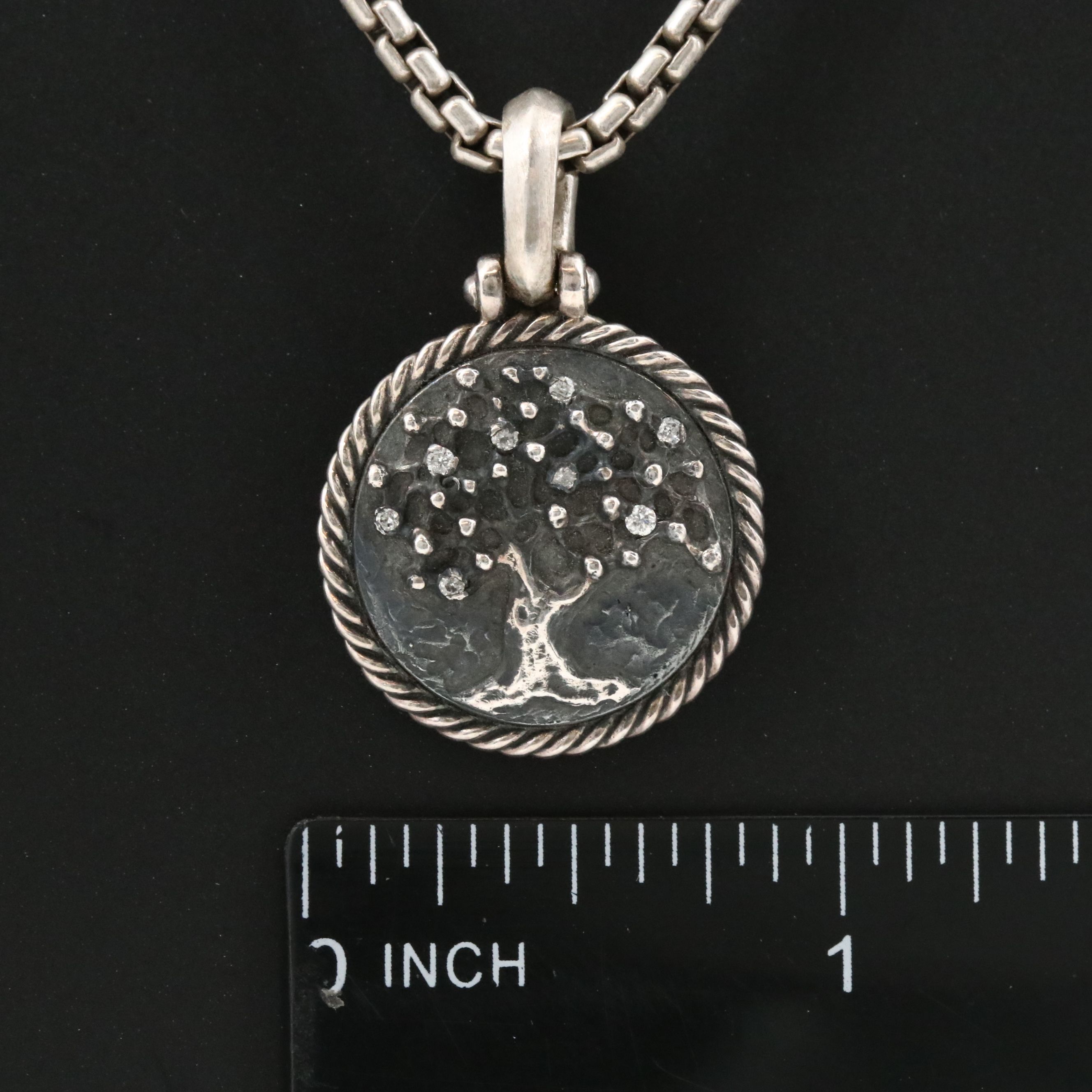 David Yurman Sterling and Diamond Tree of Life Amulet with Box Chain