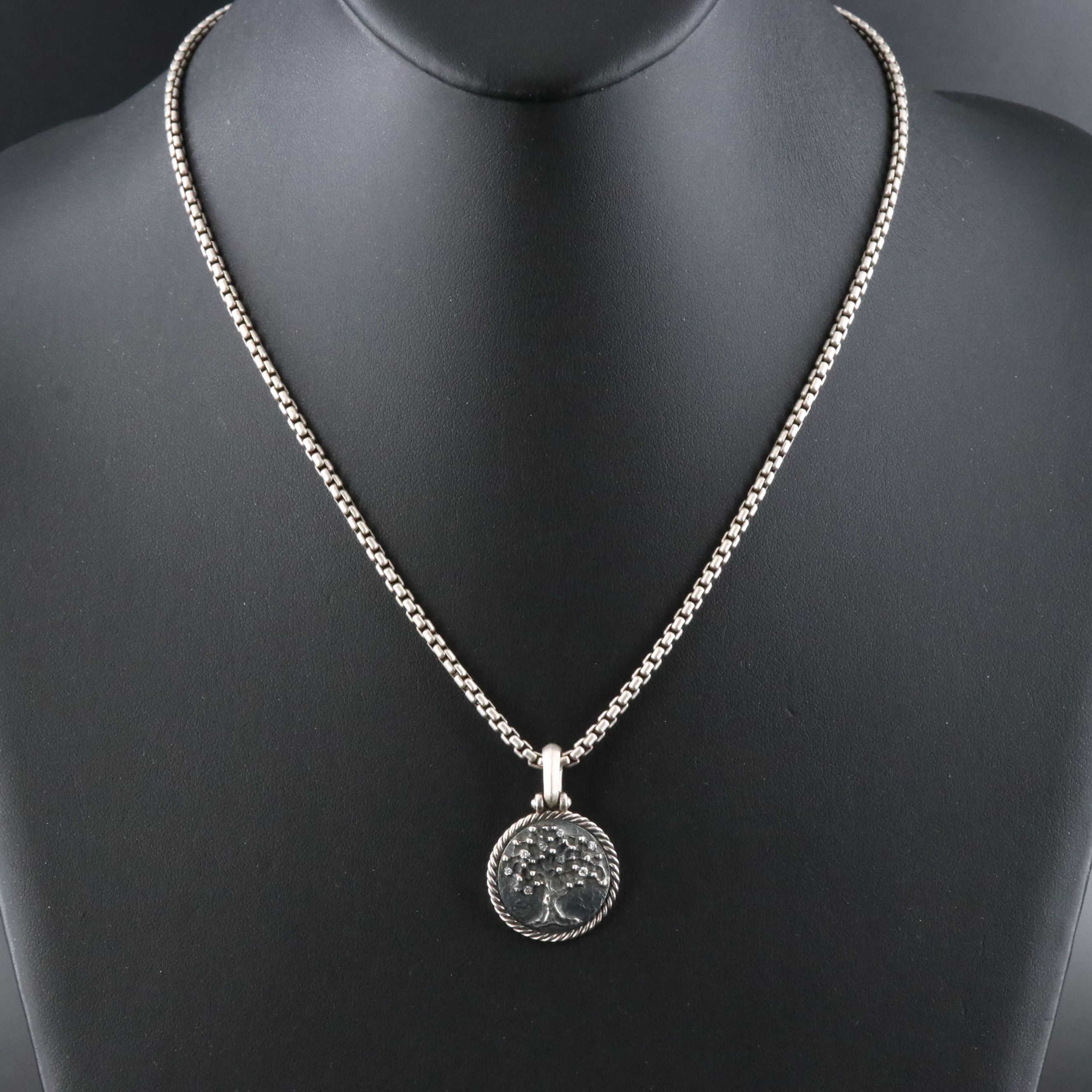 David Yurman Sterling and Diamond Tree of Life Amulet with Box Chain