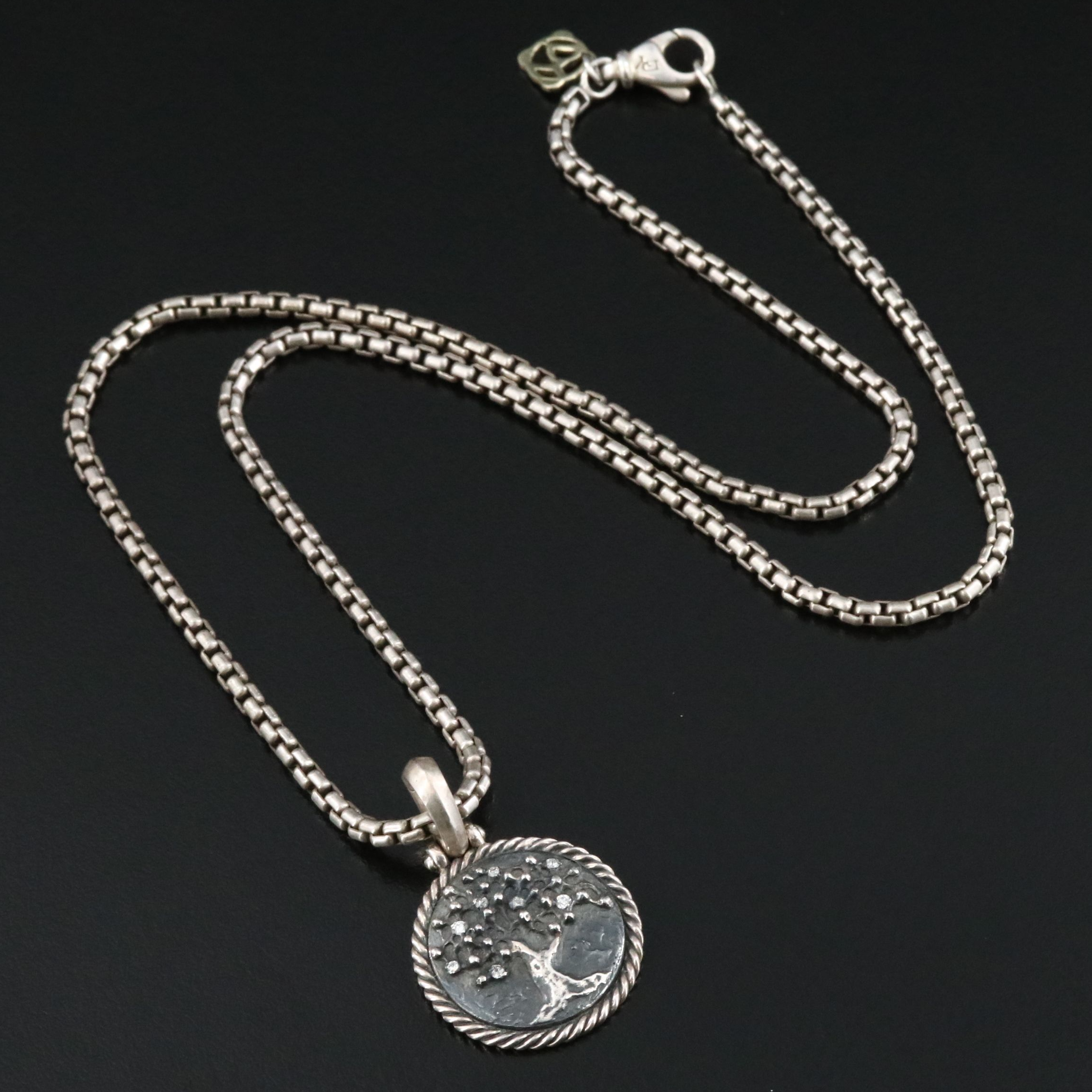David Yurman Sterling and Diamond Tree of Life Amulet with Box Chain