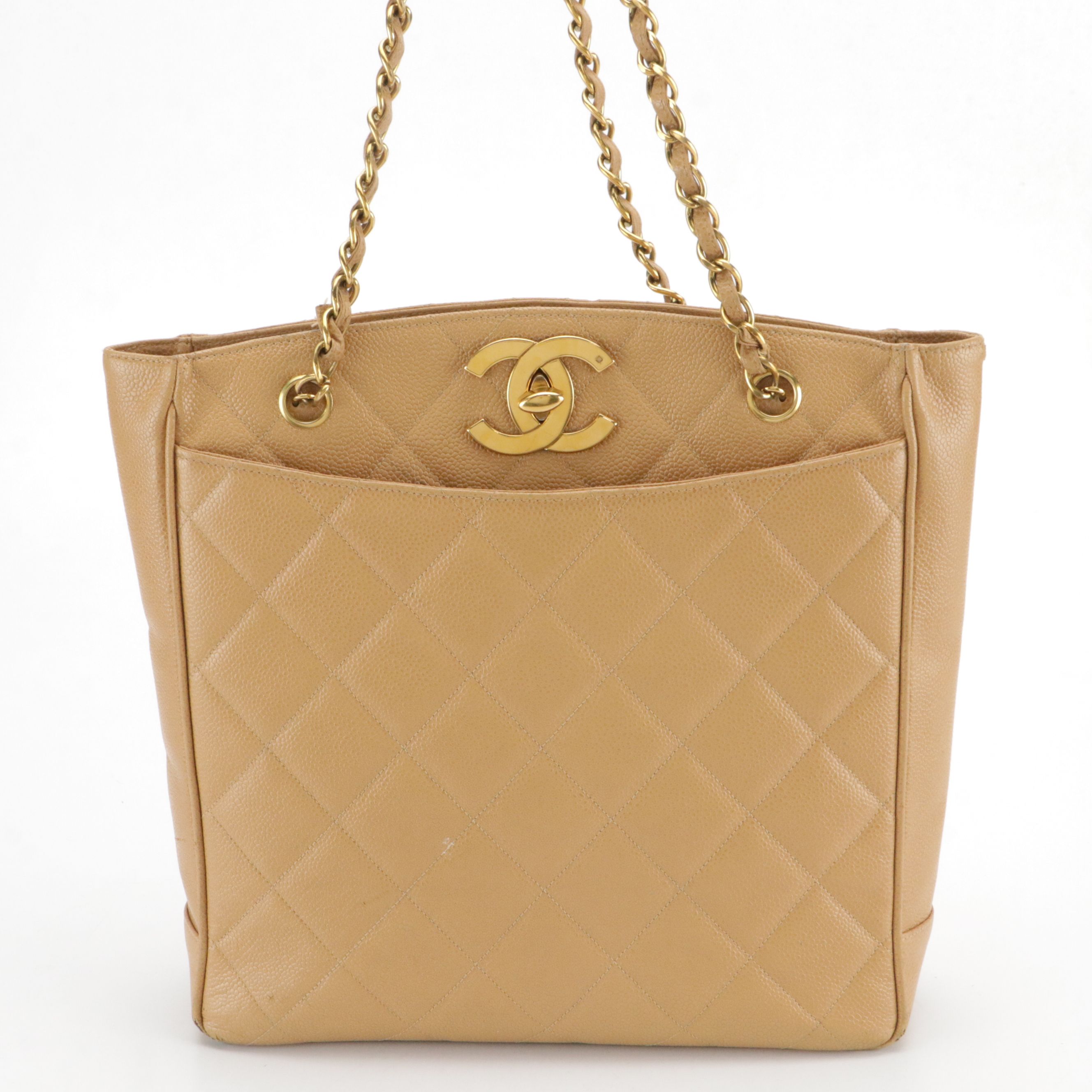 Chanel CC Turnlock Front Pocket Tote Bag in Tan Quilted Caviar Leather