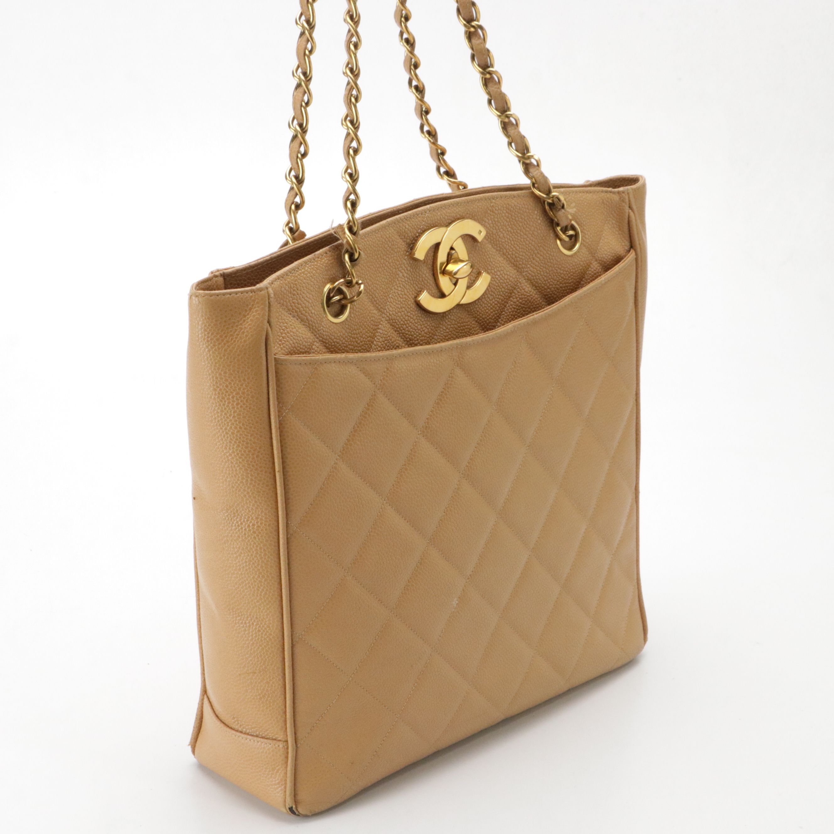 Chanel CC Turnlock Front Pocket Tote Bag in Tan Quilted Caviar Leather