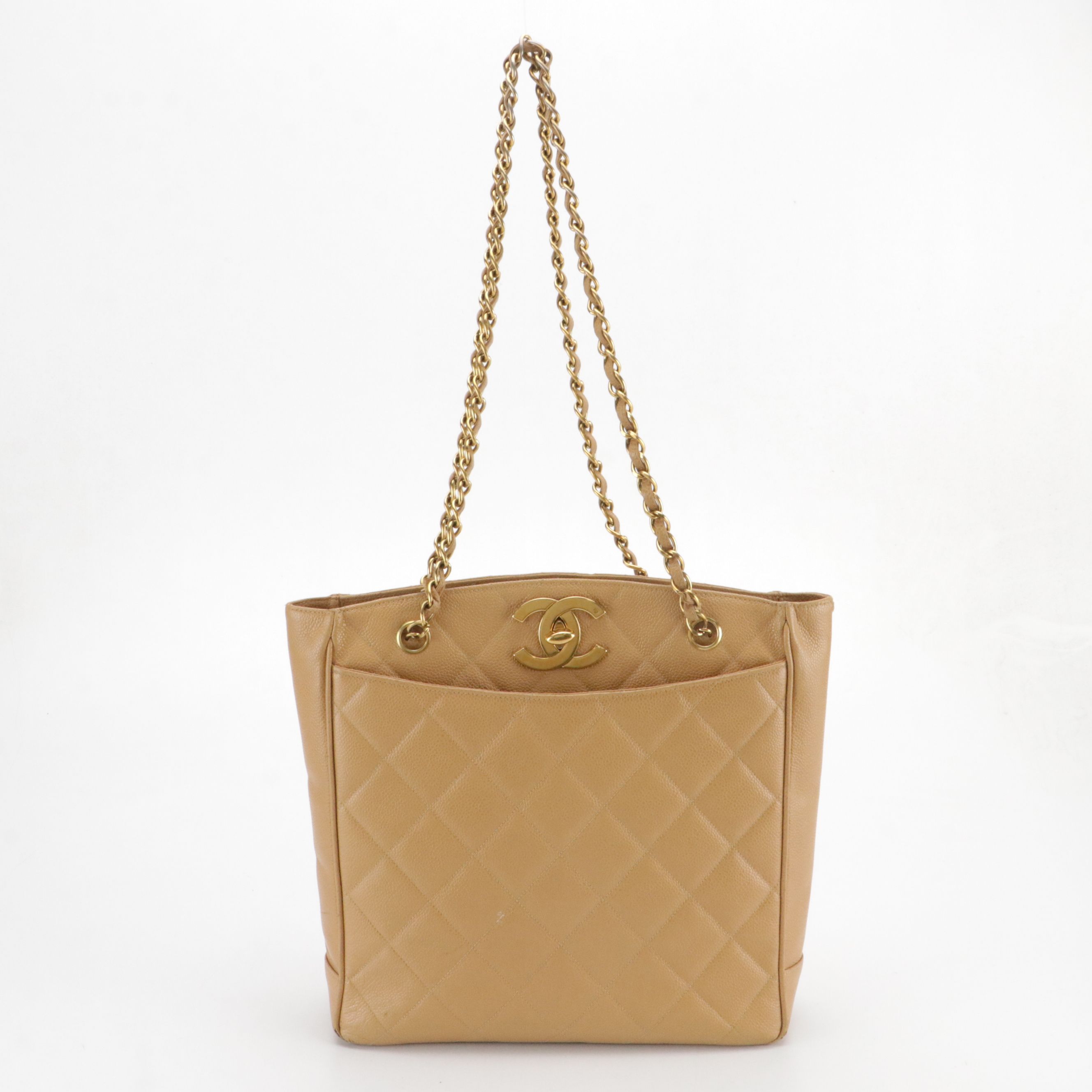 Chanel CC Turnlock Front Pocket Tote Bag in Tan Quilted Caviar Leather