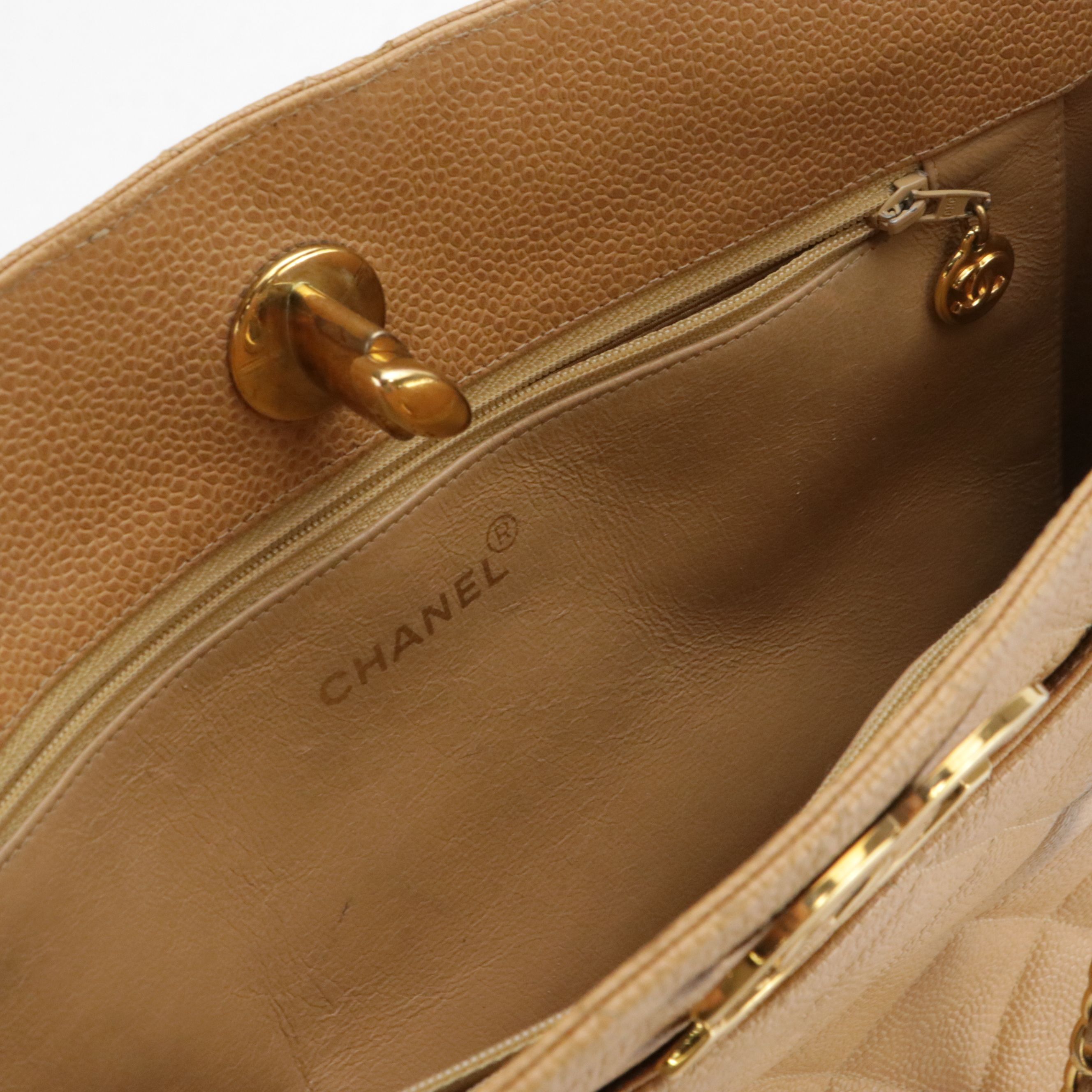 Chanel CC Turnlock Front Pocket Tote Bag in Tan Quilted Caviar Leather