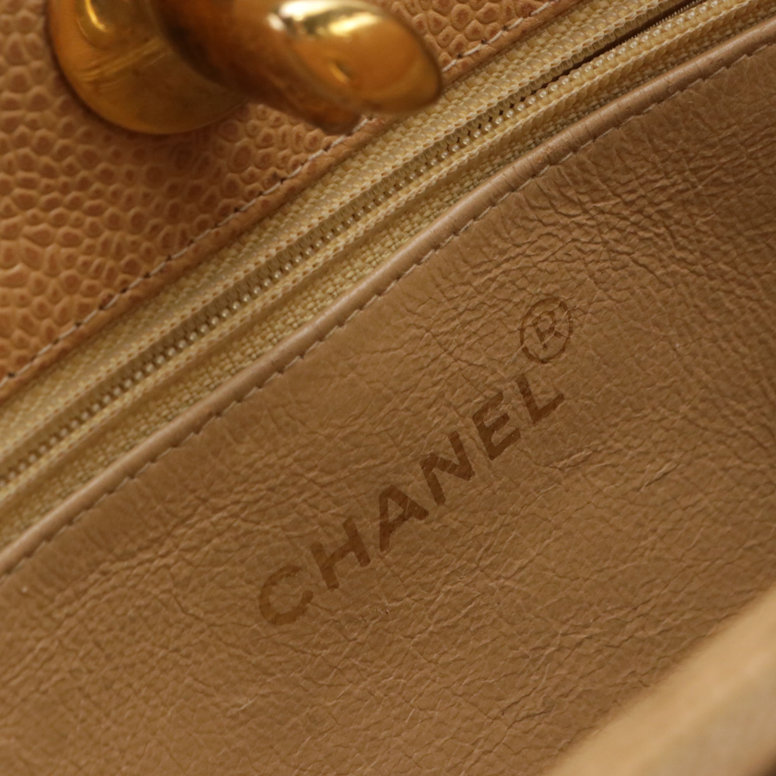 Chanel CC Turnlock Front Pocket Tote Bag in Tan Quilted Caviar Leather