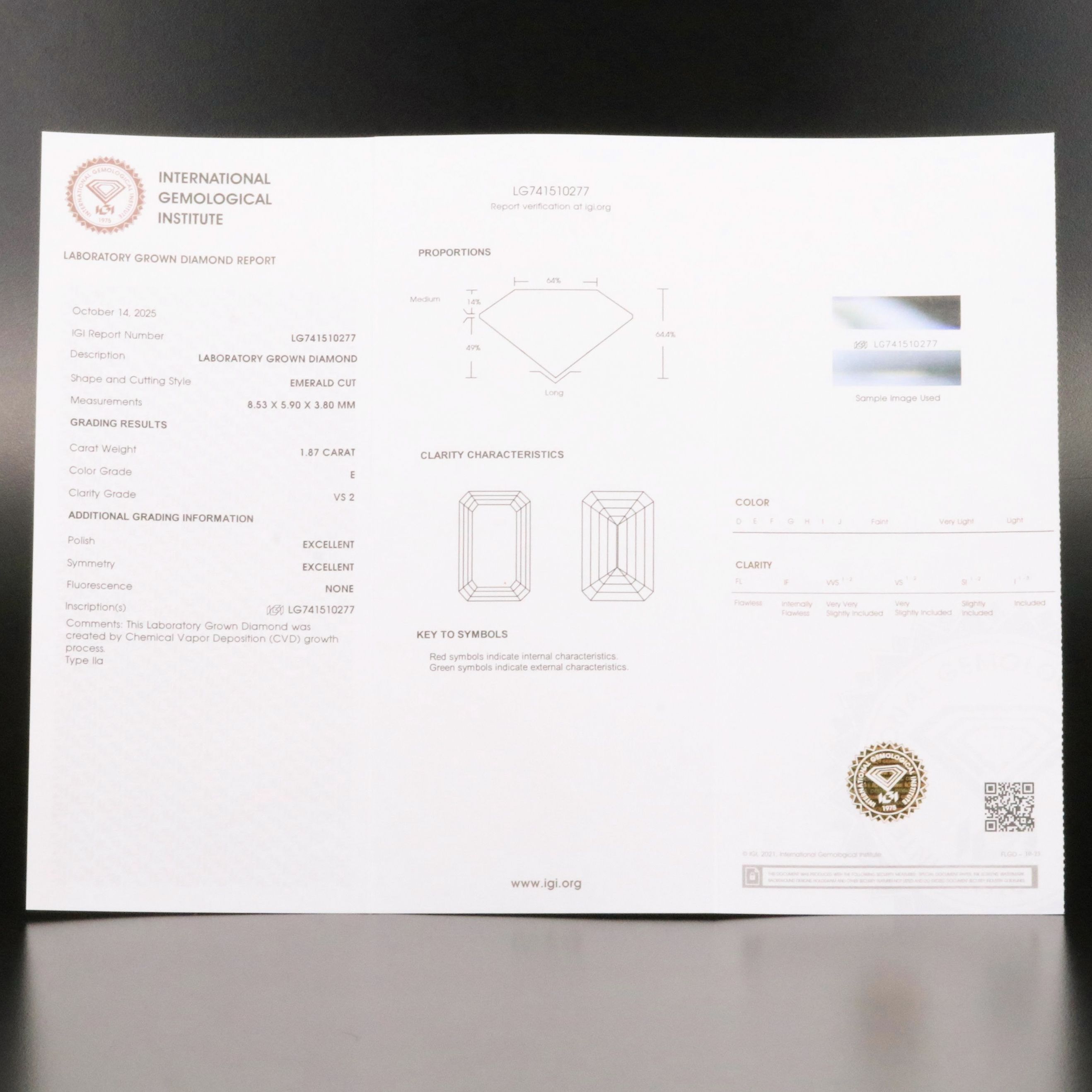 Loose 1.87 CT Lab Grown Diamond with IGI Report