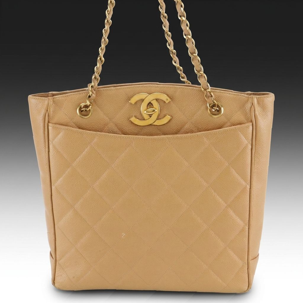 Chanel CC Turnlock Front Pocket Tote Bag in Tan Quilted Caviar Leather