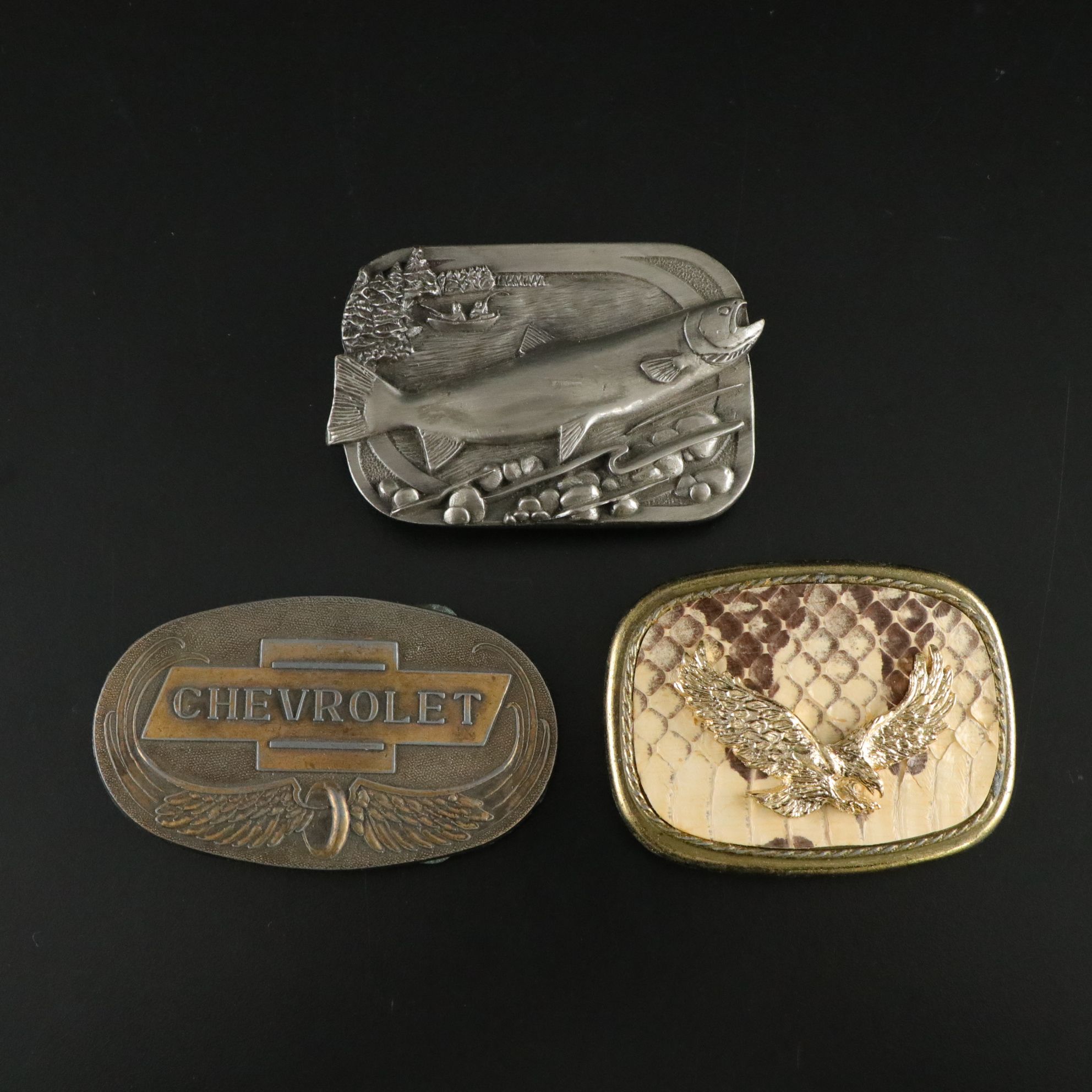 Siskiyou Pewter Fish with Flying Eagle Snakeskin & Chevrolet Brass Belt Buckles