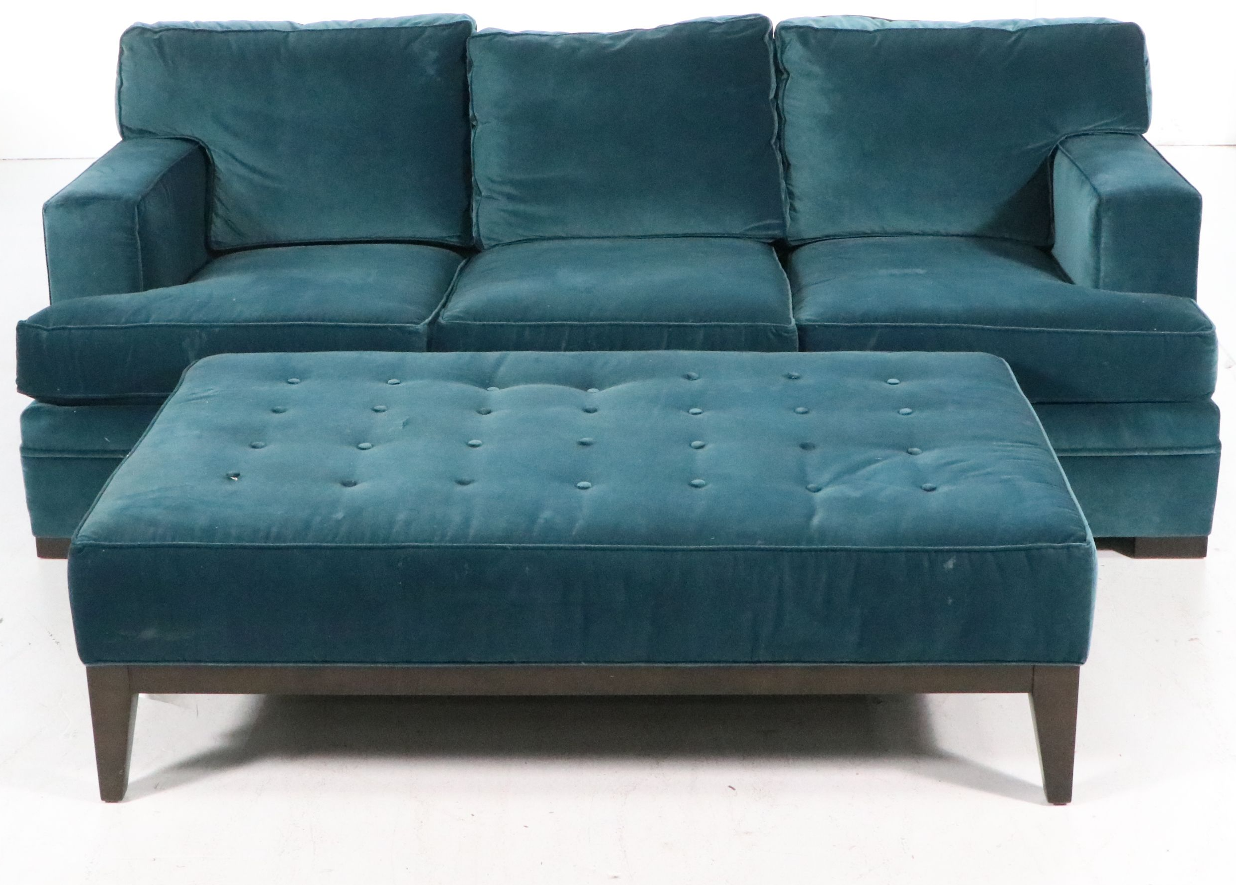 Huntington House Velvet Sofa with Tufted Ottoman Set and Accent Pillows