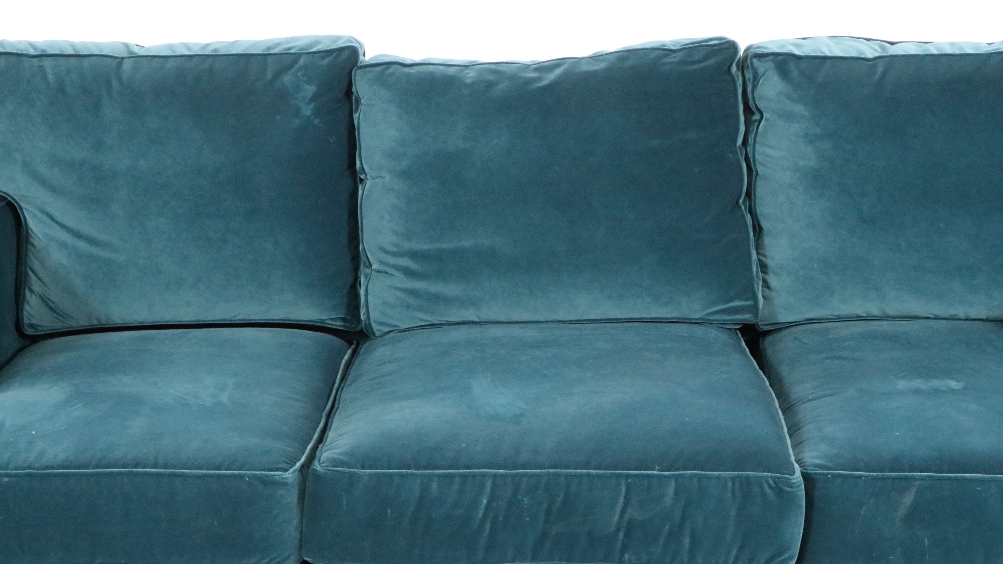 Huntington House Velvet Sofa with Tufted Ottoman Set and Accent Pillows
