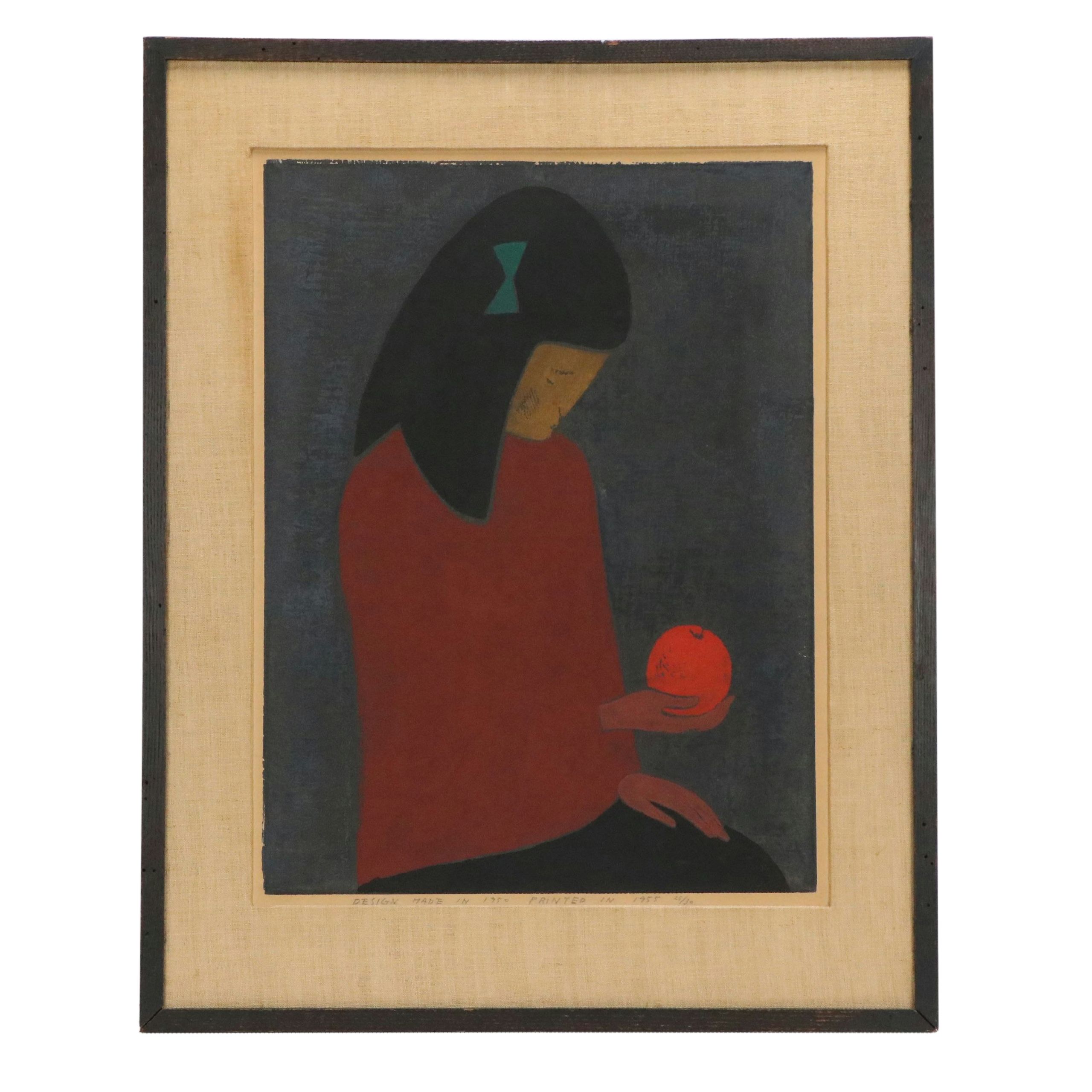 Kiyoshi Saitō Japanese Modernist Color Woodblock Print "Red Fruit," 1955