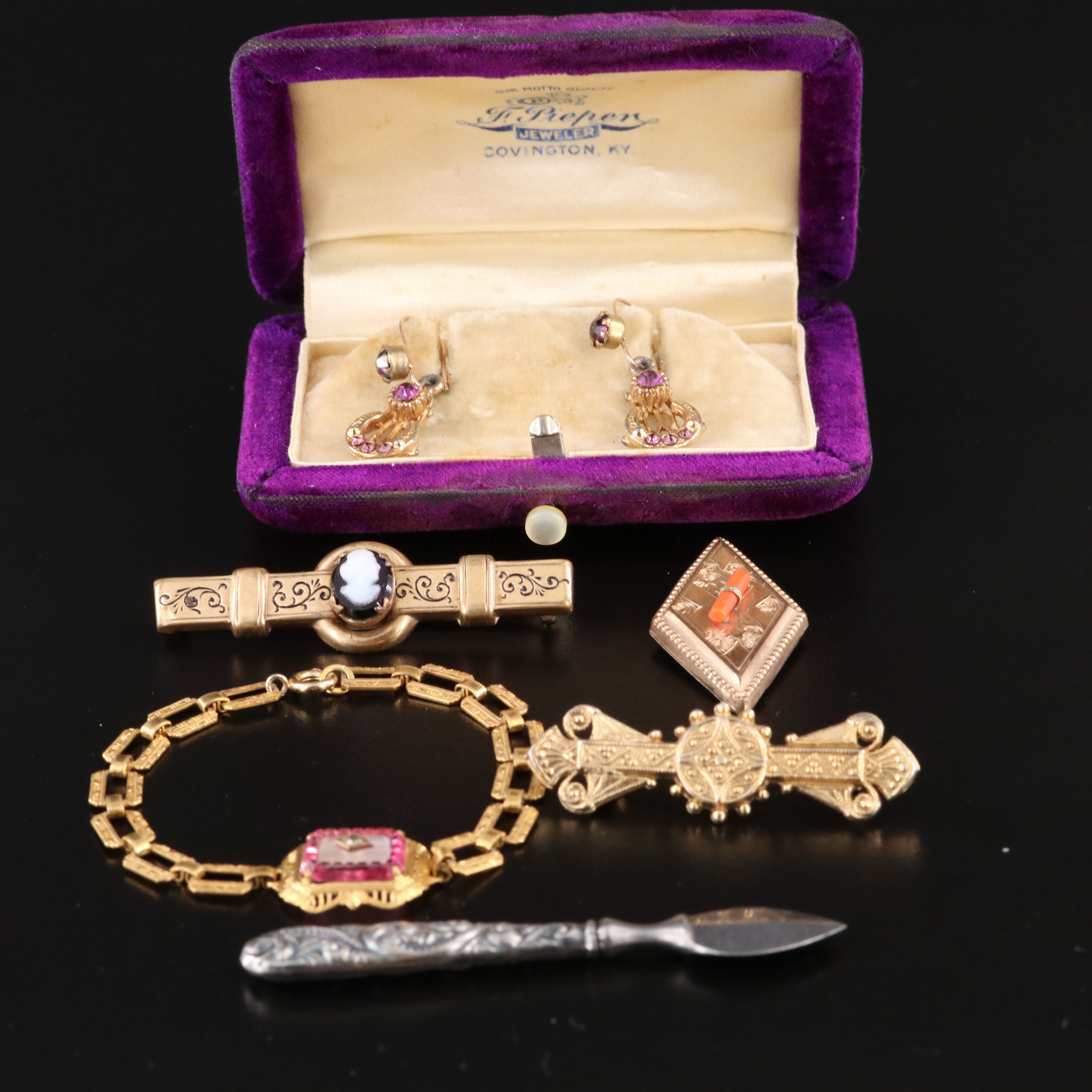 1940s Jewelry Featuring Art Deco Style Bracelet, Coral and Glass Paste