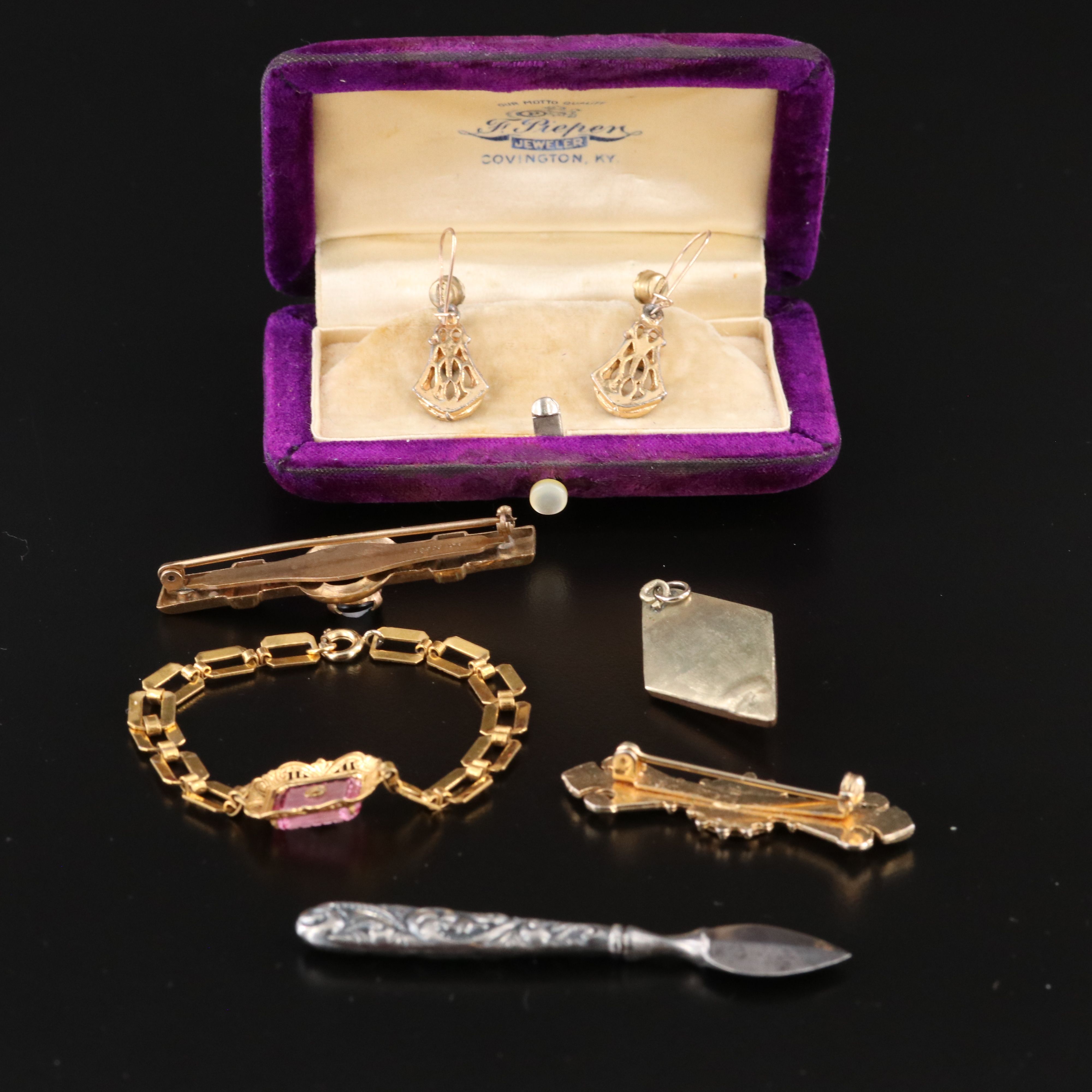 1940s Jewelry Featuring Art Deco Style Bracelet, Coral and Glass Paste