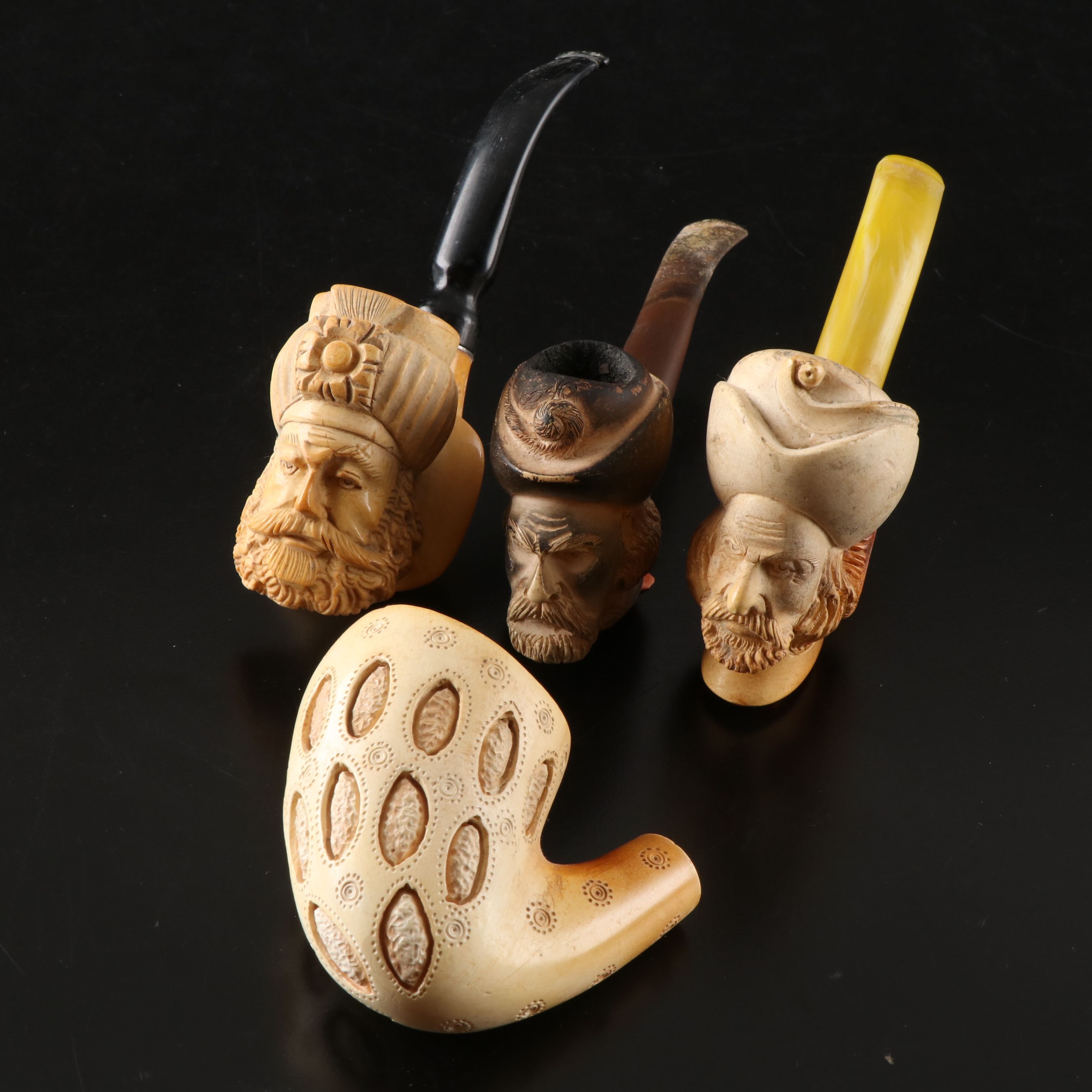 Sterling Banded and Other Figural Carved Meerschaum Pipes