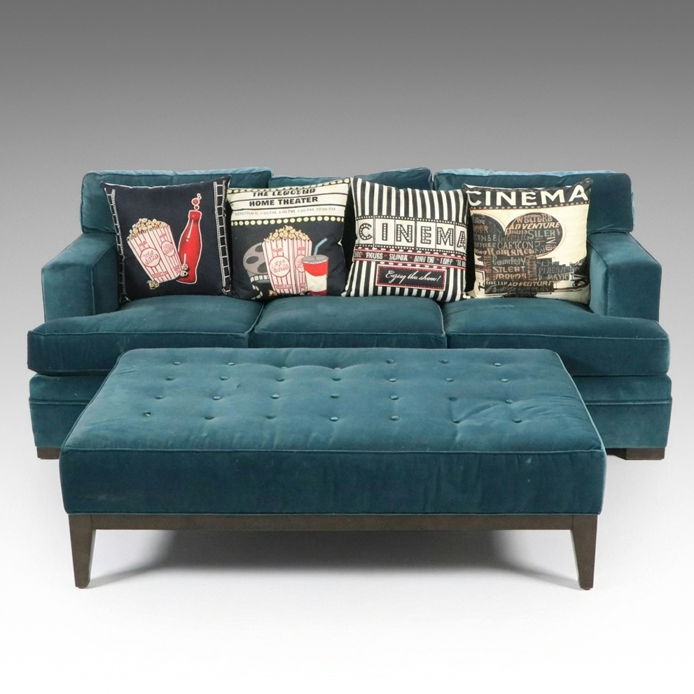 Huntington House Velvet Sofa with Tufted Ottoman Set and Accent Pillows