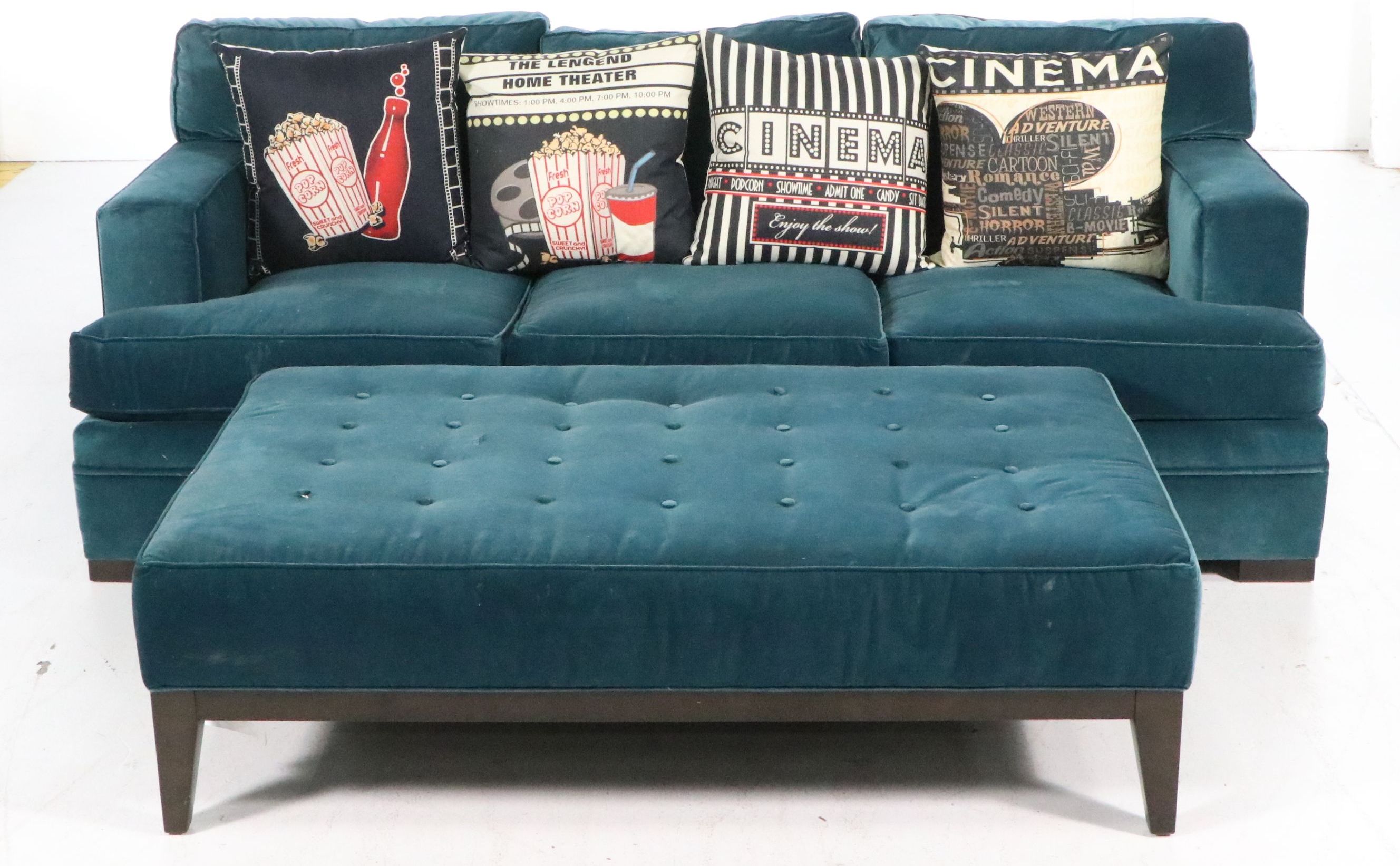 Huntington House Velvet Sofa with Tufted Ottoman Set and Accent Pillows