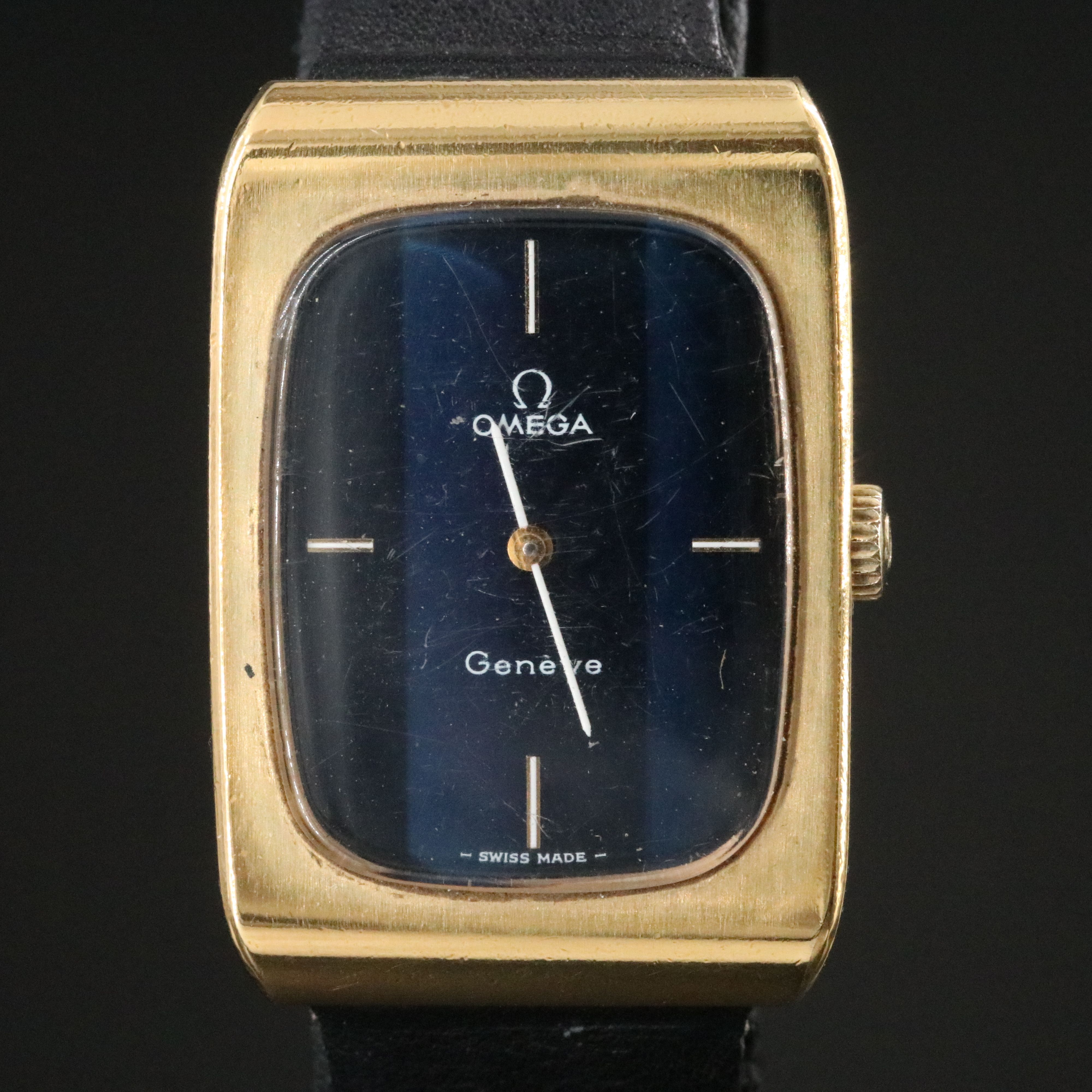 Vintage Omega Genève Tank Blue Vignette Dial Dress Watch #5110469
