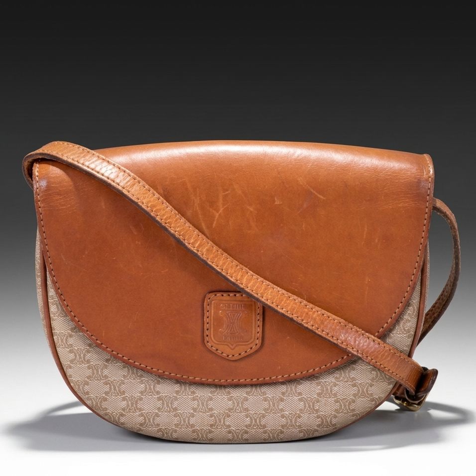 Celine Front Flap Crossbody Bag in Brown Leather and Beige Macadam Canvas