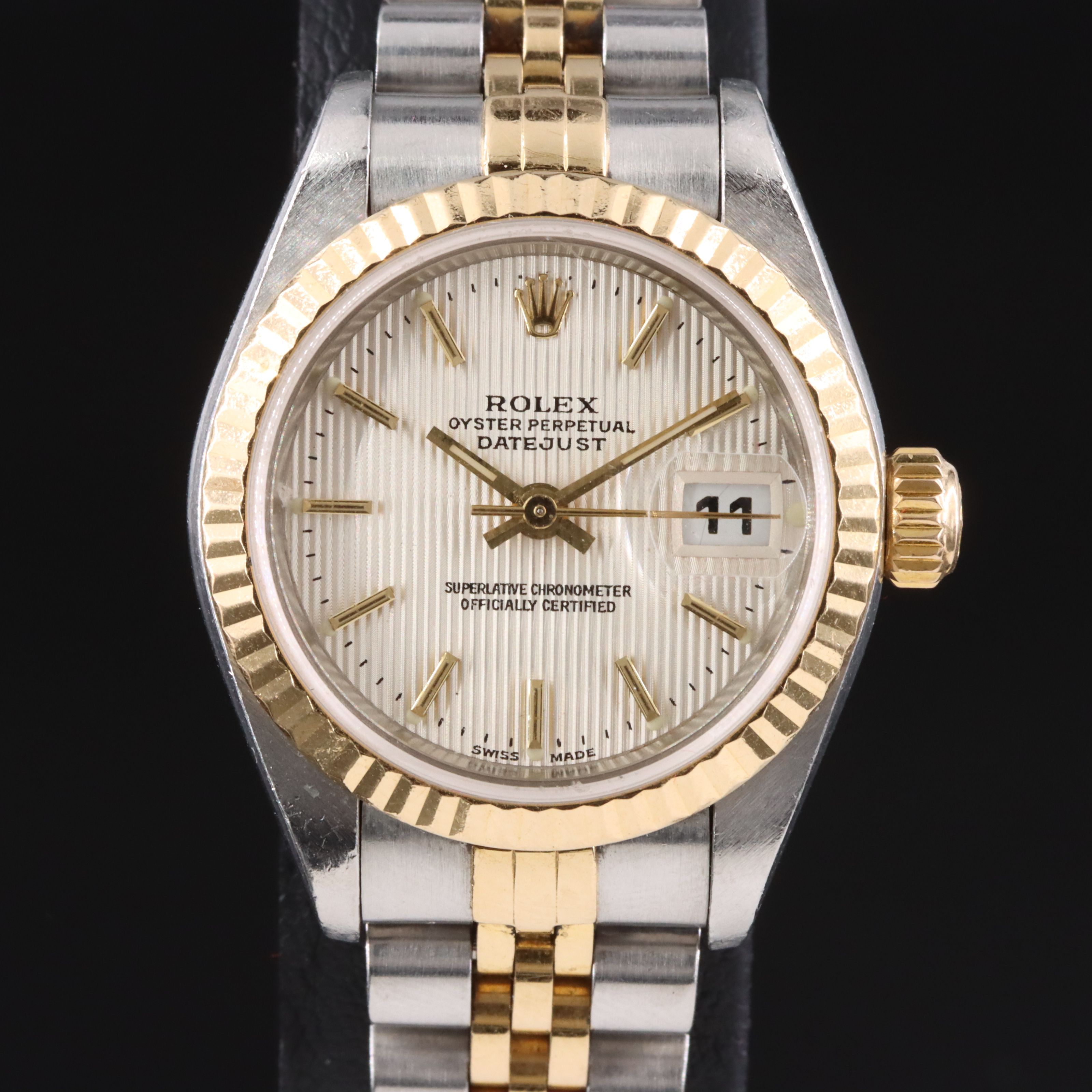 2001 Rolex Silver Tapestry Dial 18K & Steelinox Datejust Model 79173 Watch