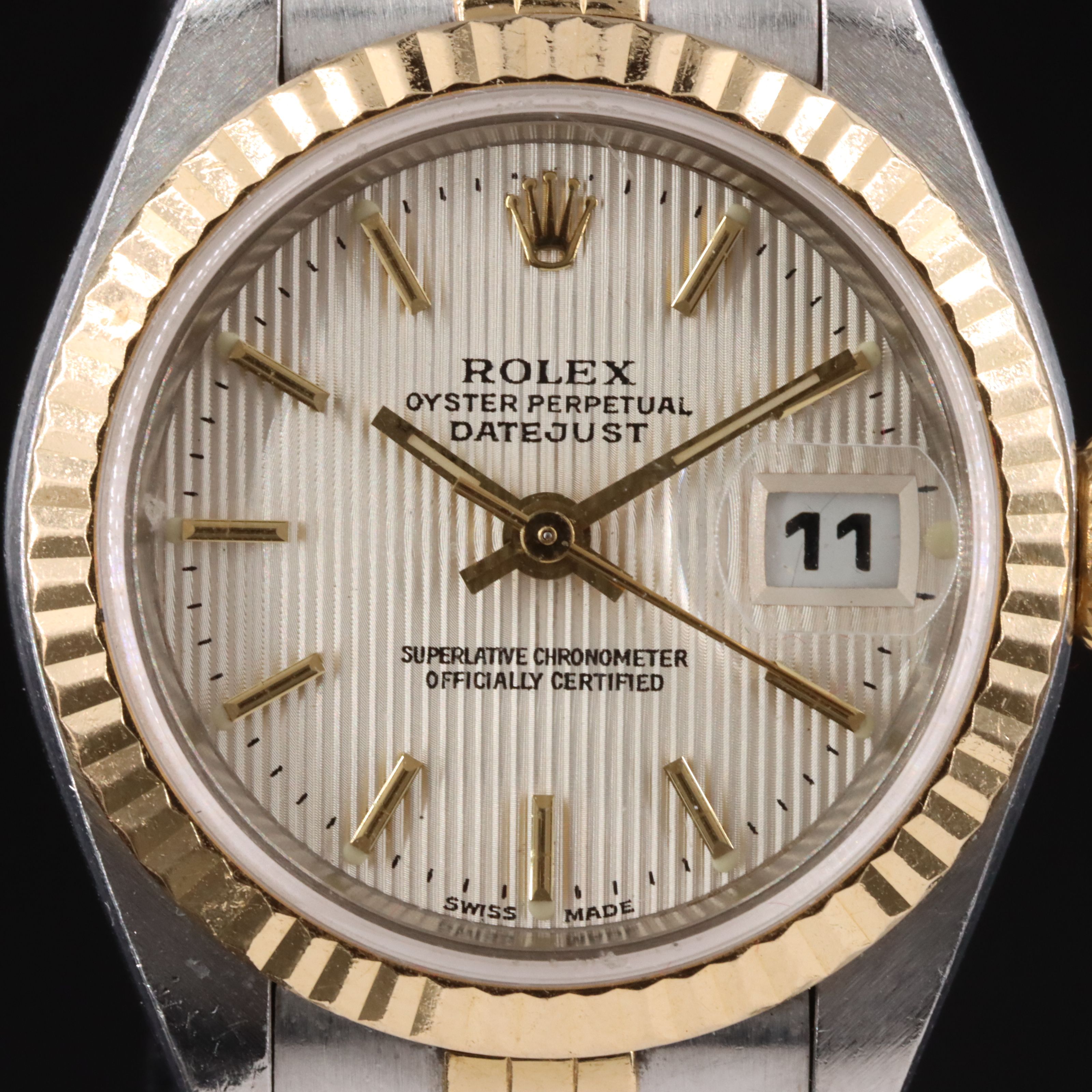 2001 Rolex Silver Tapestry Dial 18K & Steelinox Datejust Model 79173 Watch