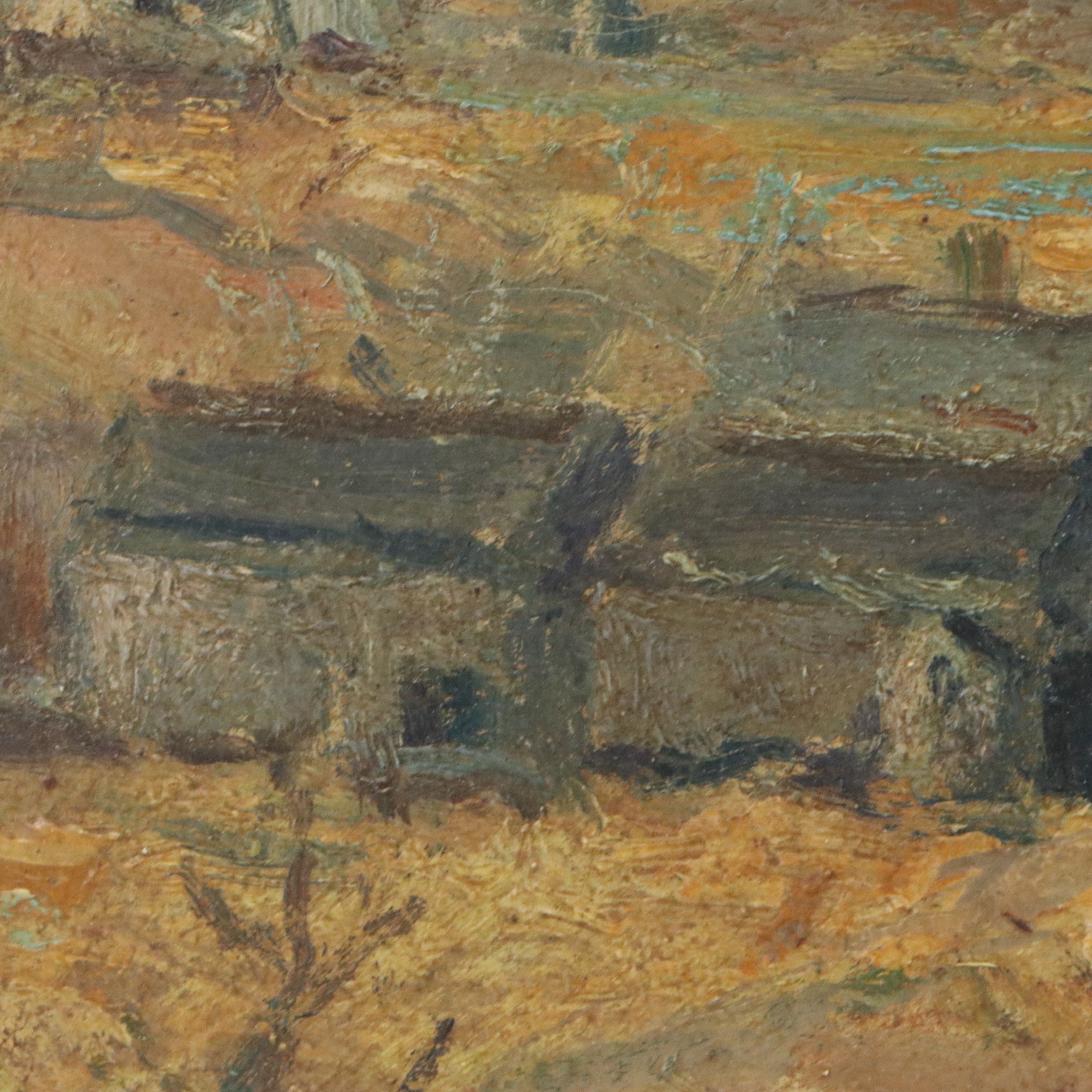 Impressionistic Oil Painting of Suburban Meadow with Figure, 20th Century