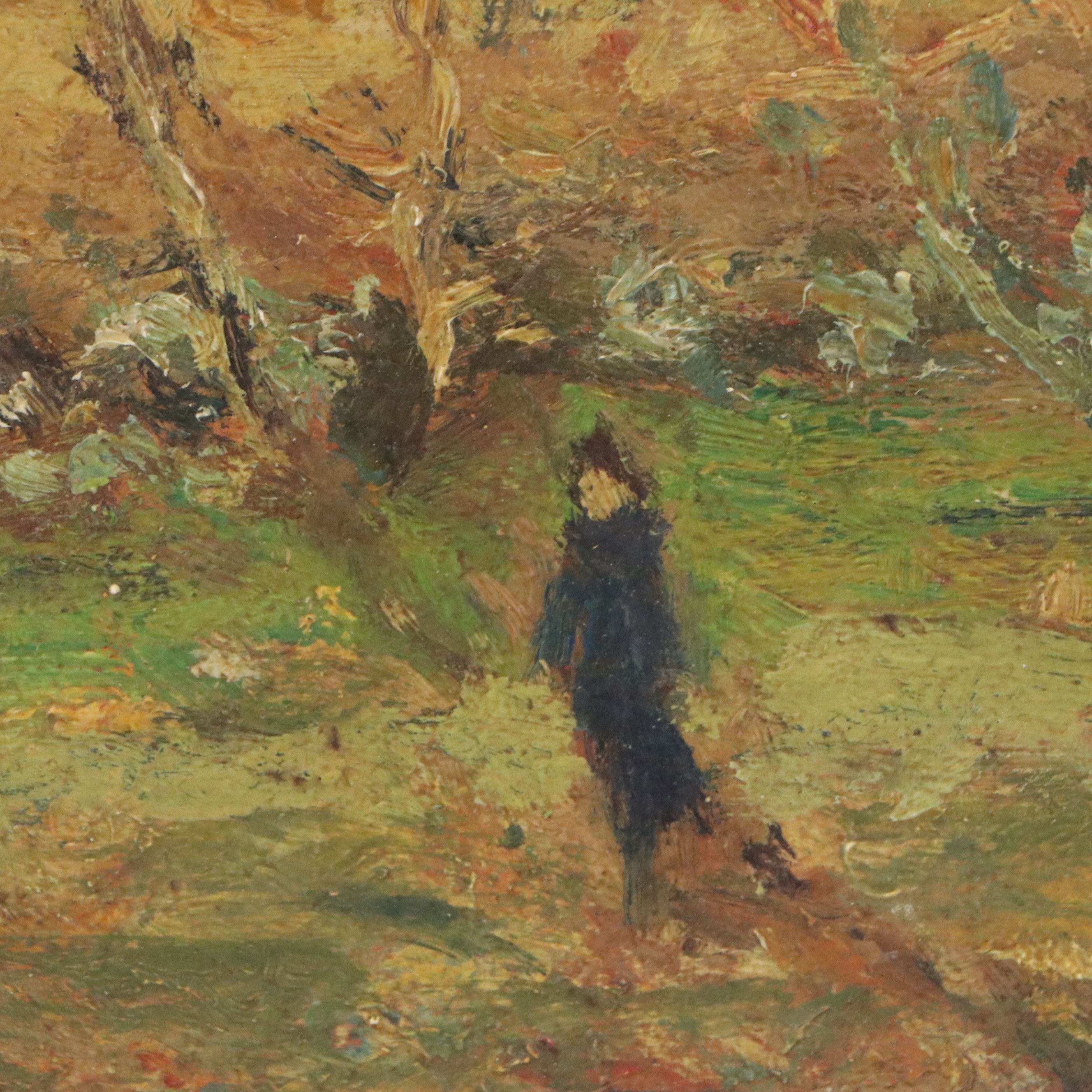 Impressionistic Oil Painting of Suburban Meadow with Figure, 20th Century