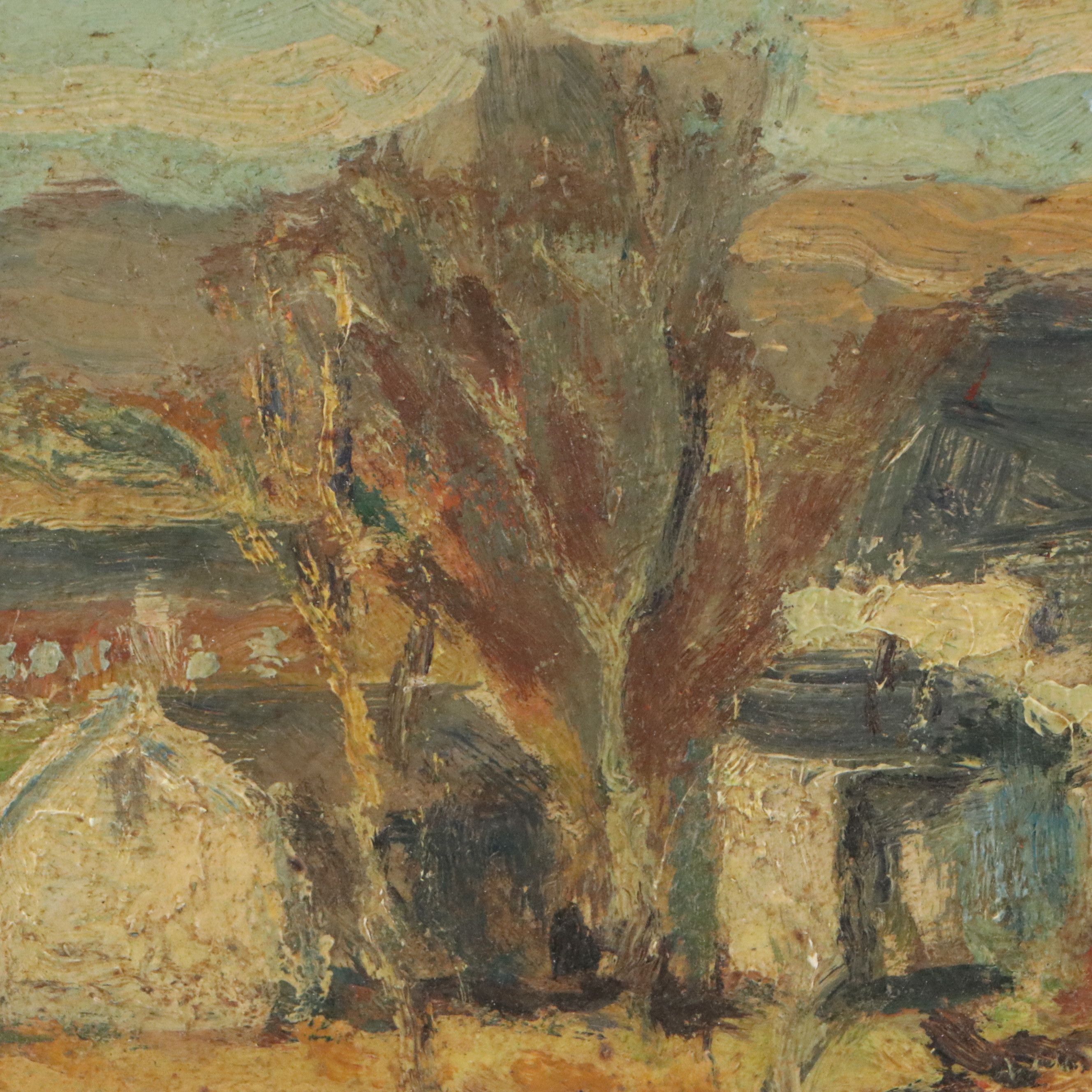 Impressionistic Oil Painting of Suburban Meadow with Figure, 20th Century