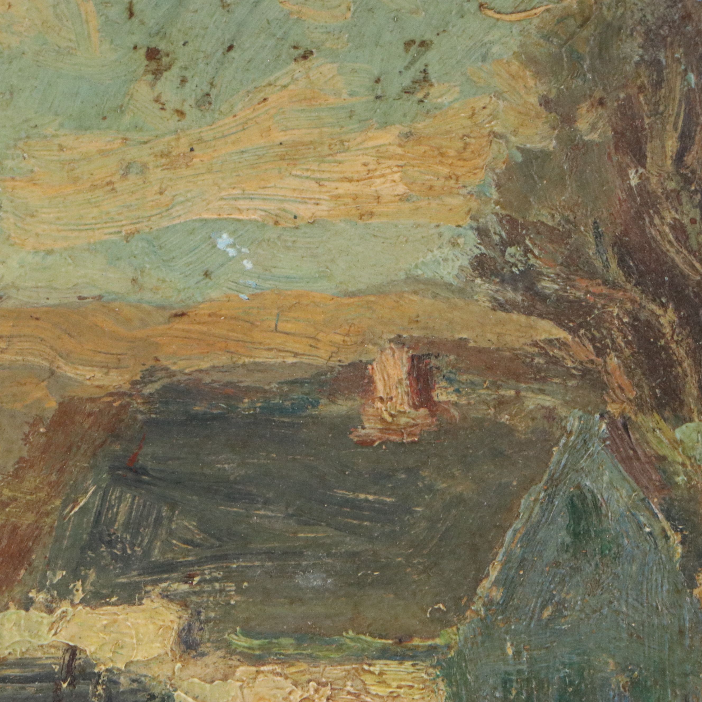 Impressionistic Oil Painting of Suburban Meadow with Figure, 20th Century