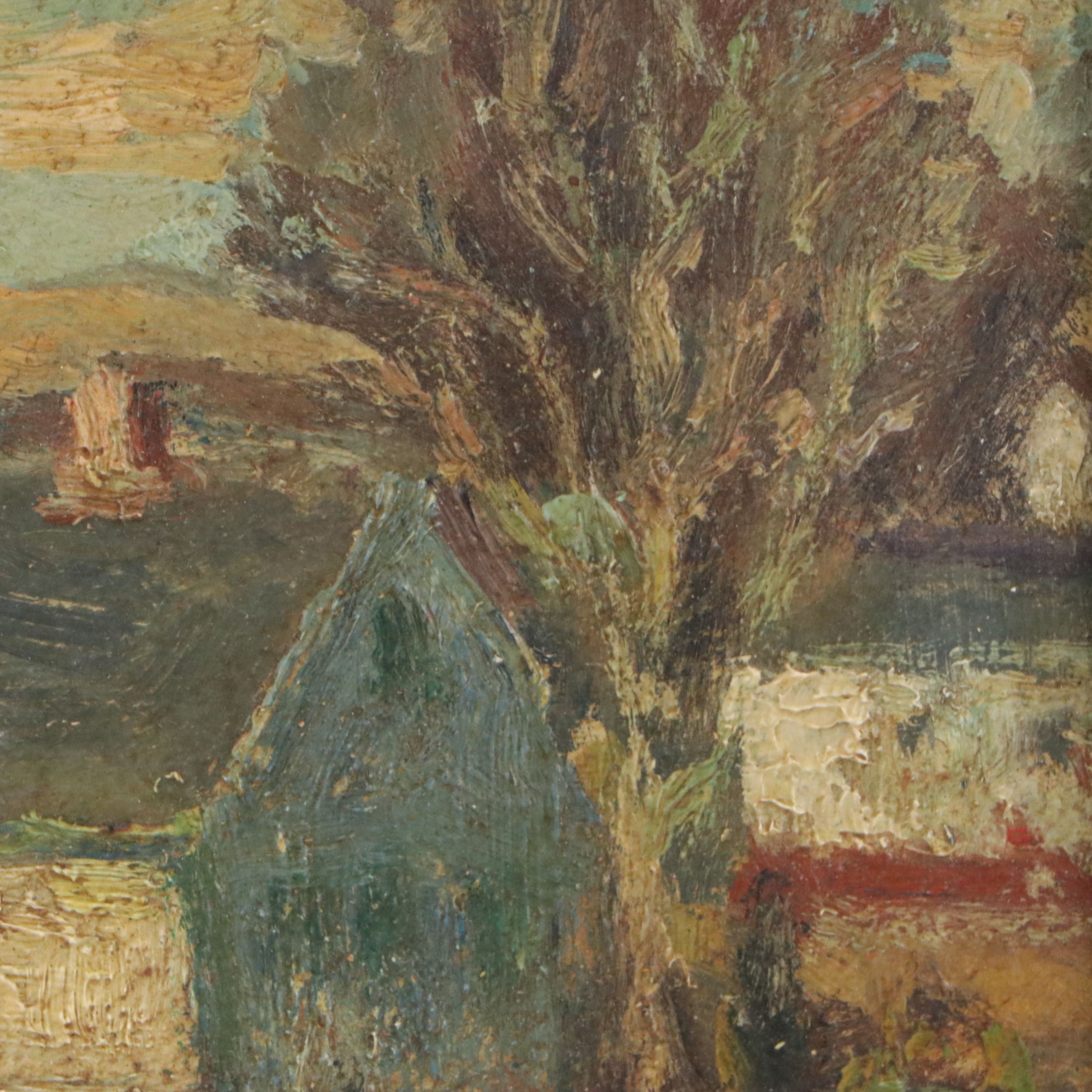 Impressionistic Oil Painting of Suburban Meadow with Figure, 20th Century
