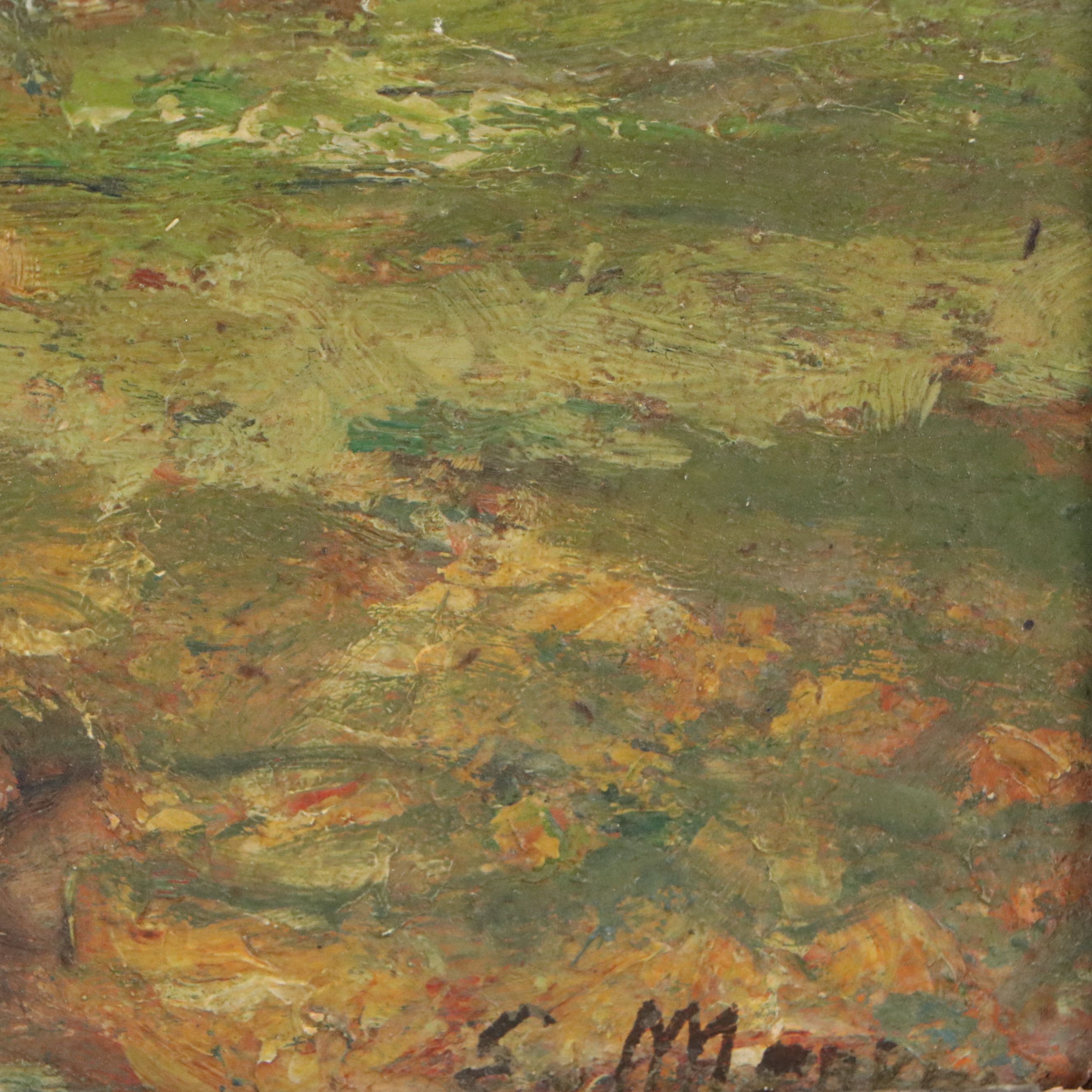 Impressionistic Oil Painting of Suburban Meadow with Figure, 20th Century