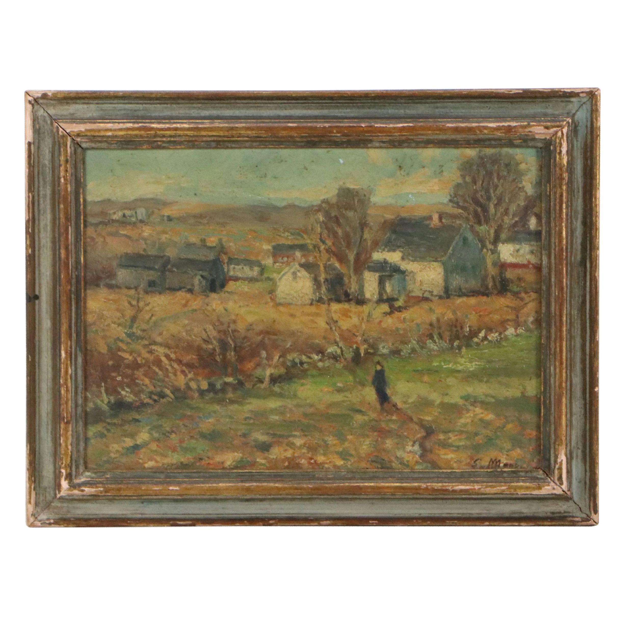 Impressionistic Oil Painting of Suburban Meadow with Figure, 20th Century