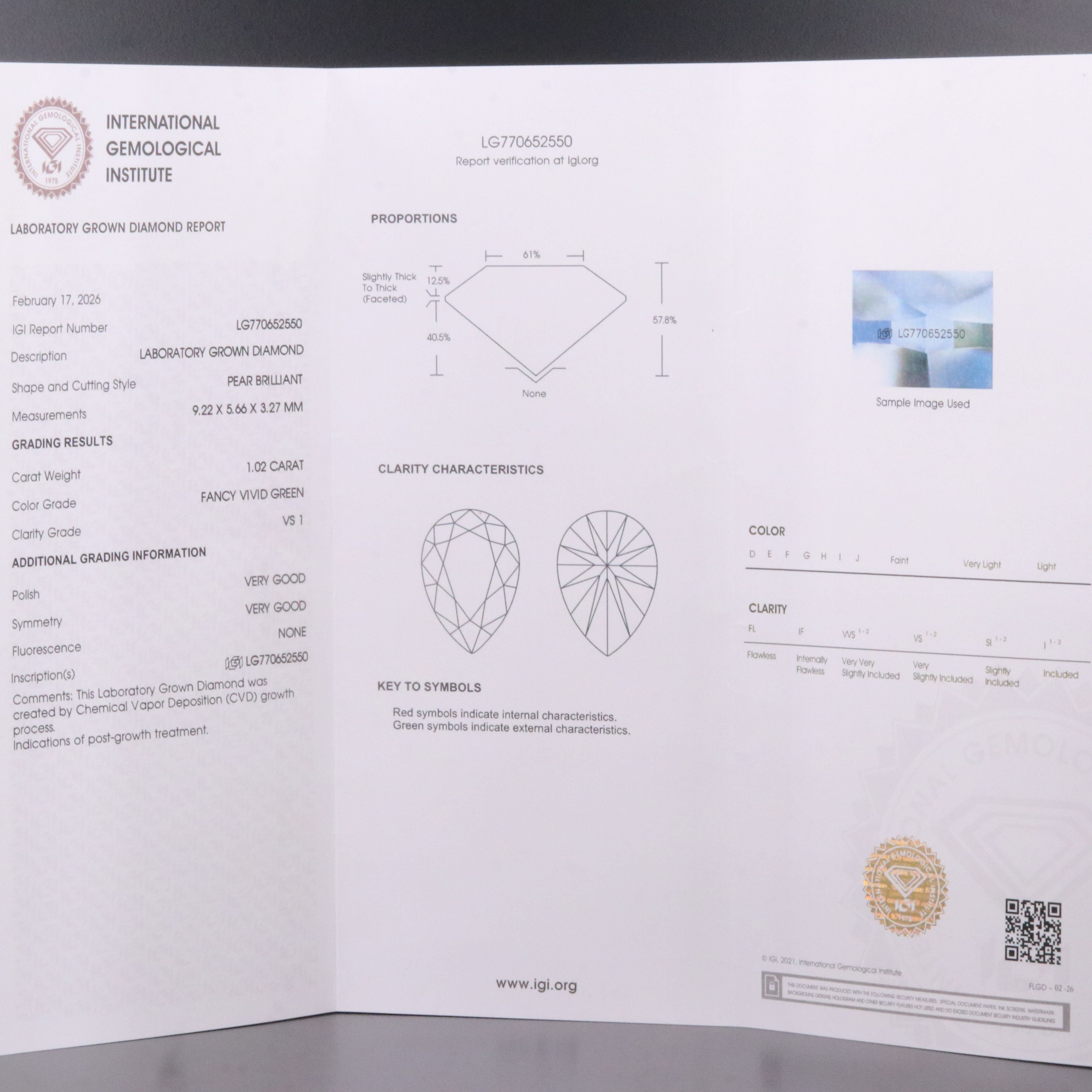 Loose 1.02 CT Lab Grown Fancy Vivid Green Diamond with IGI Report