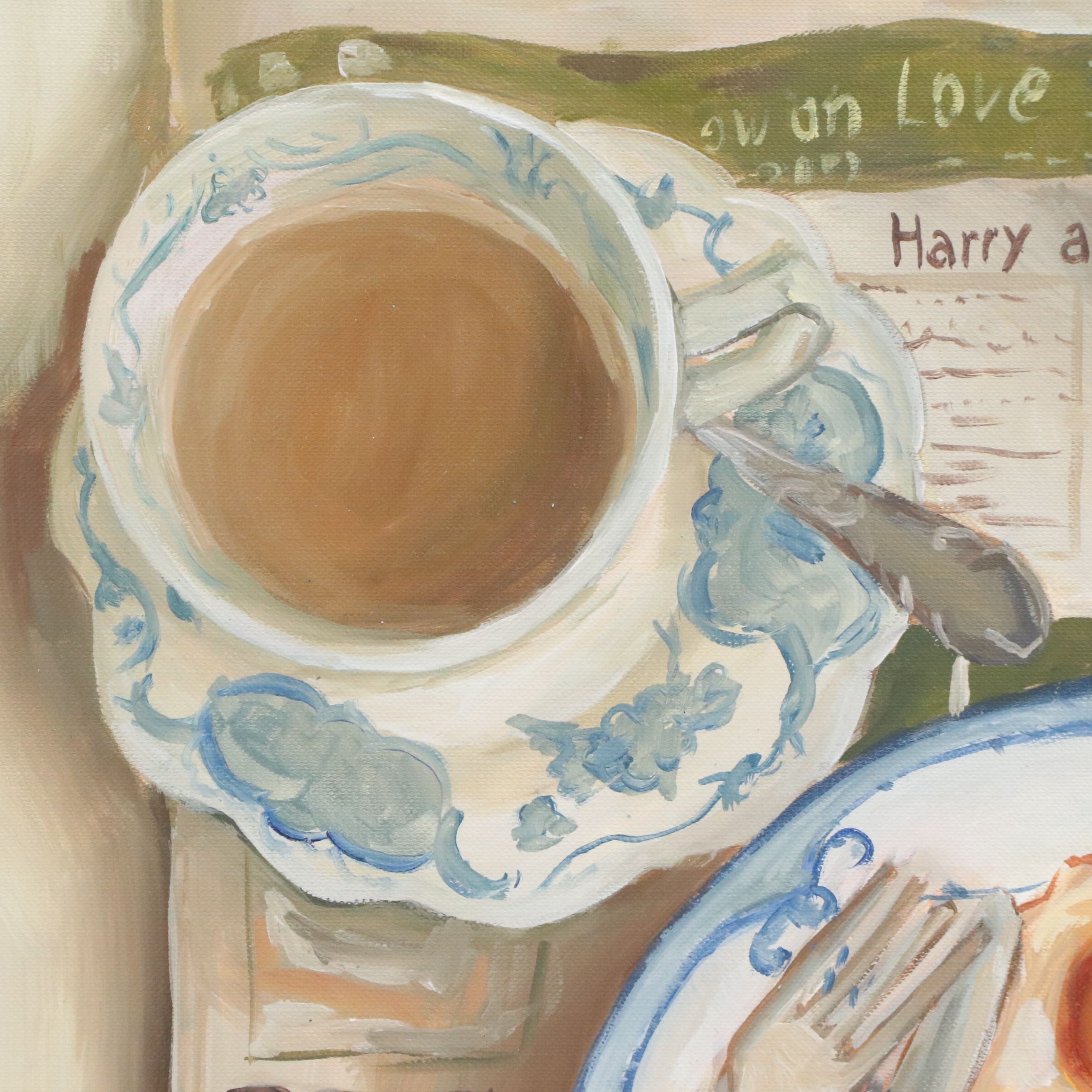 Brittany Presley Oil Painting of English Breakfast with Tea and Newspaper, 2026