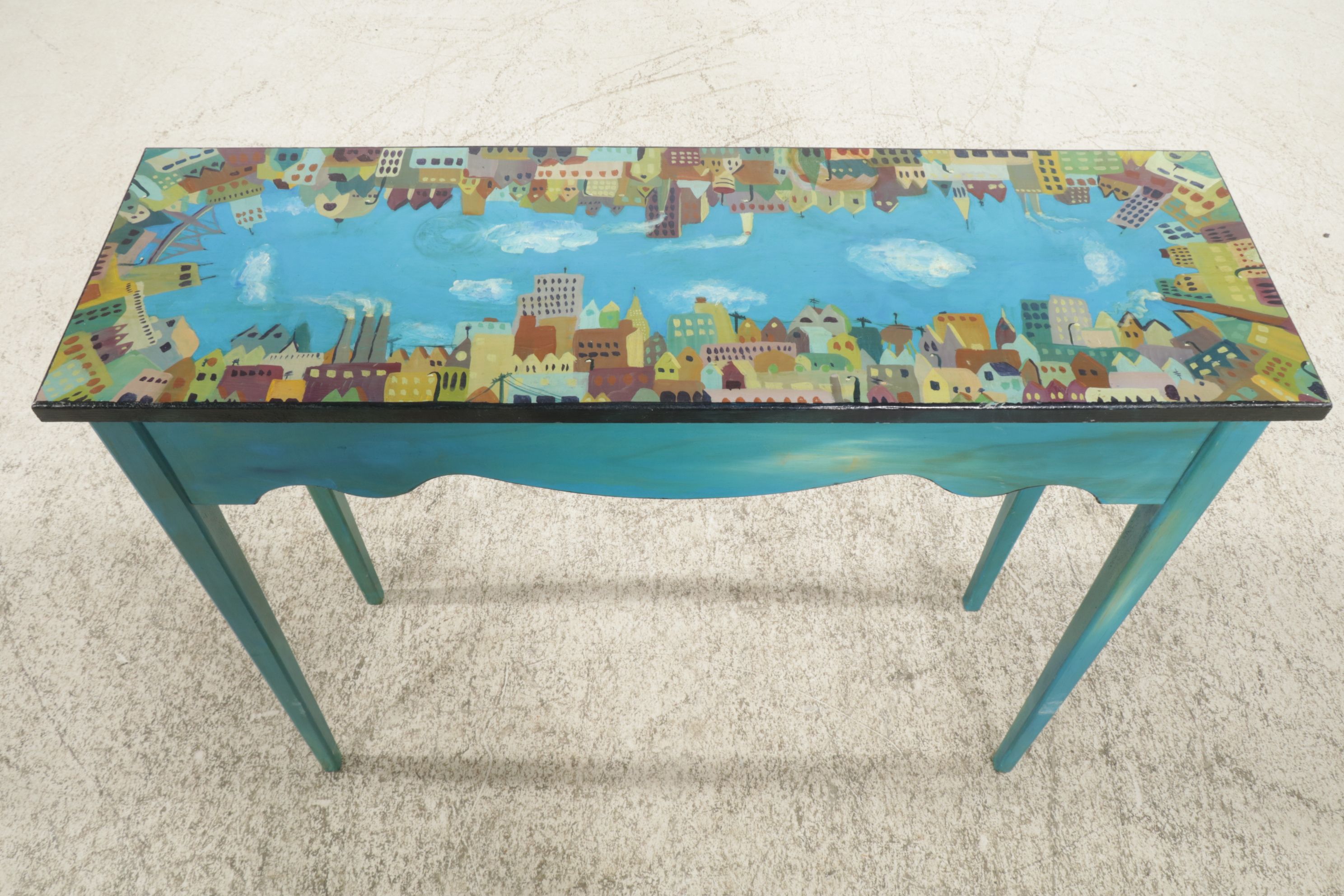 Hand-Painted Sofa Table with City Skyline Scene, 1996