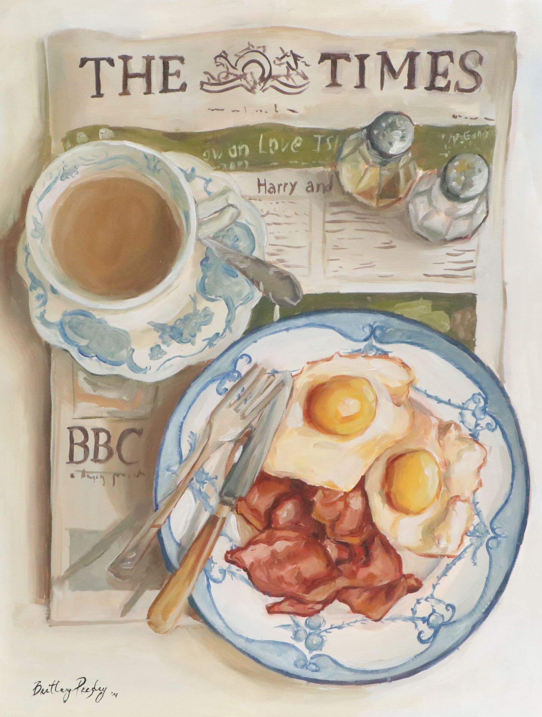 Brittany Presley Oil Painting of English Breakfast with Tea and Newspaper, 2026