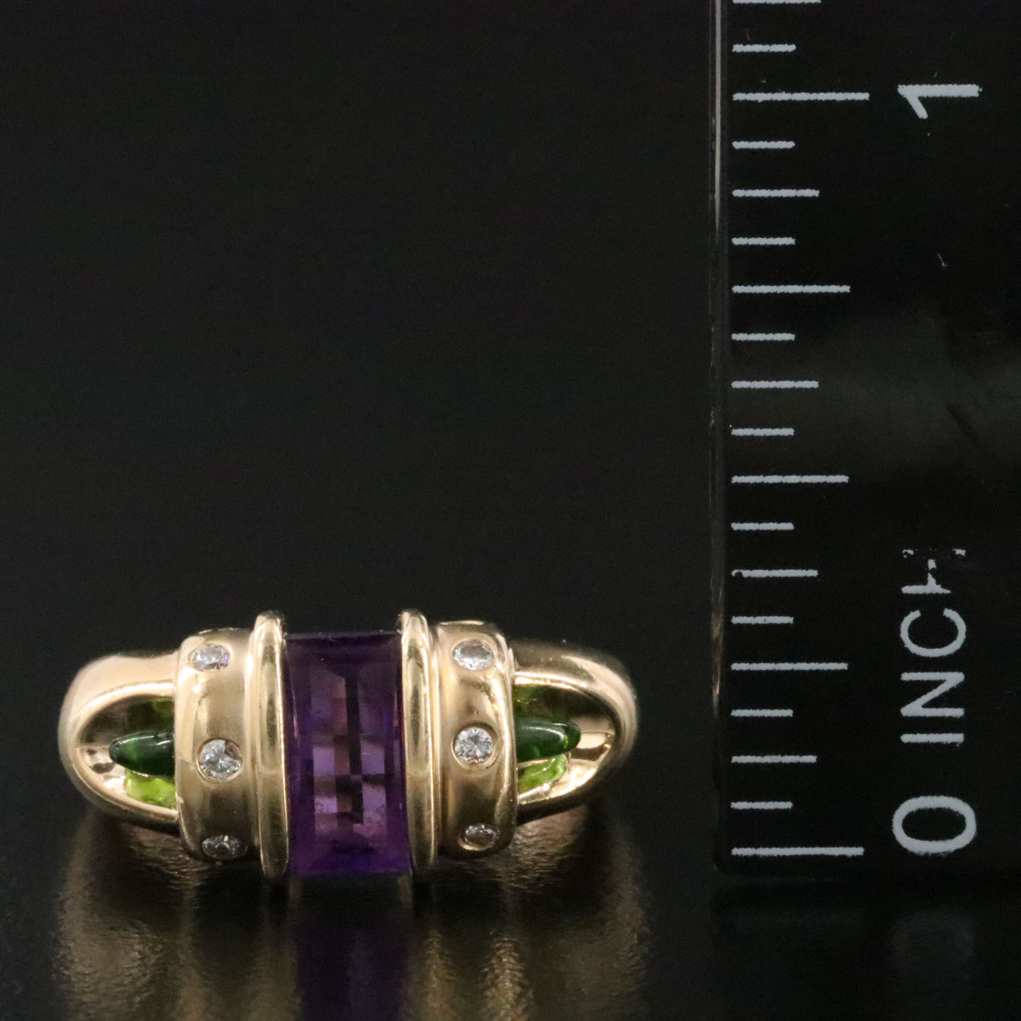 14K Amethyst, Diopside and Diamond Ring