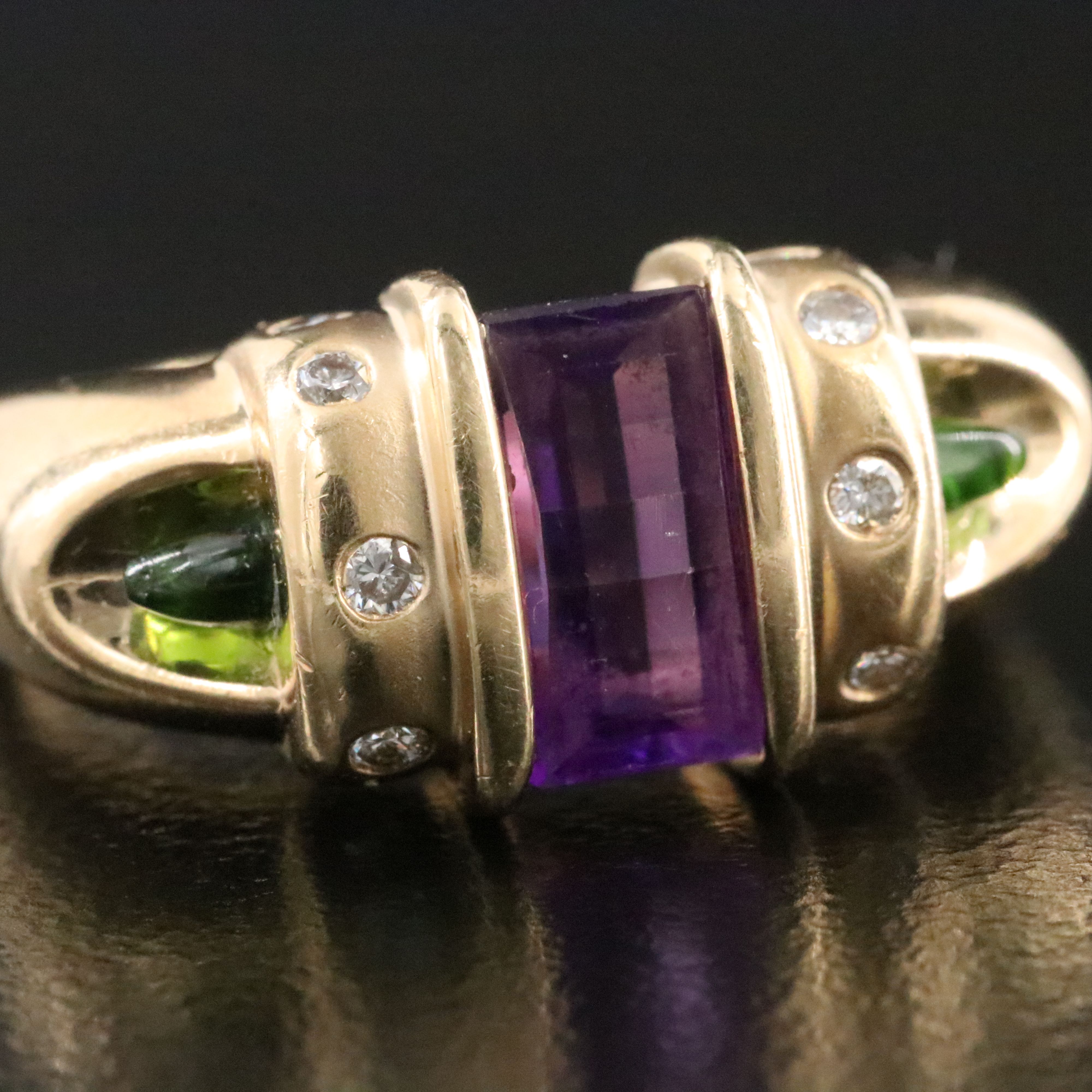 14K Amethyst, Diopside and Diamond Ring