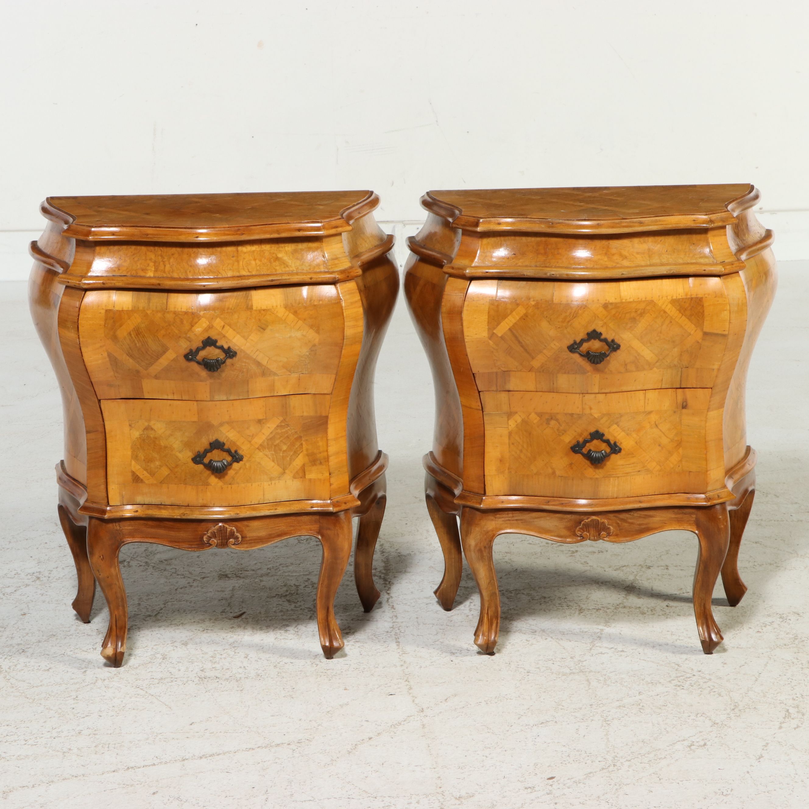 Pair of Baroque Style Parquetry Bombe Nightstands, Mid to Late 20th Century