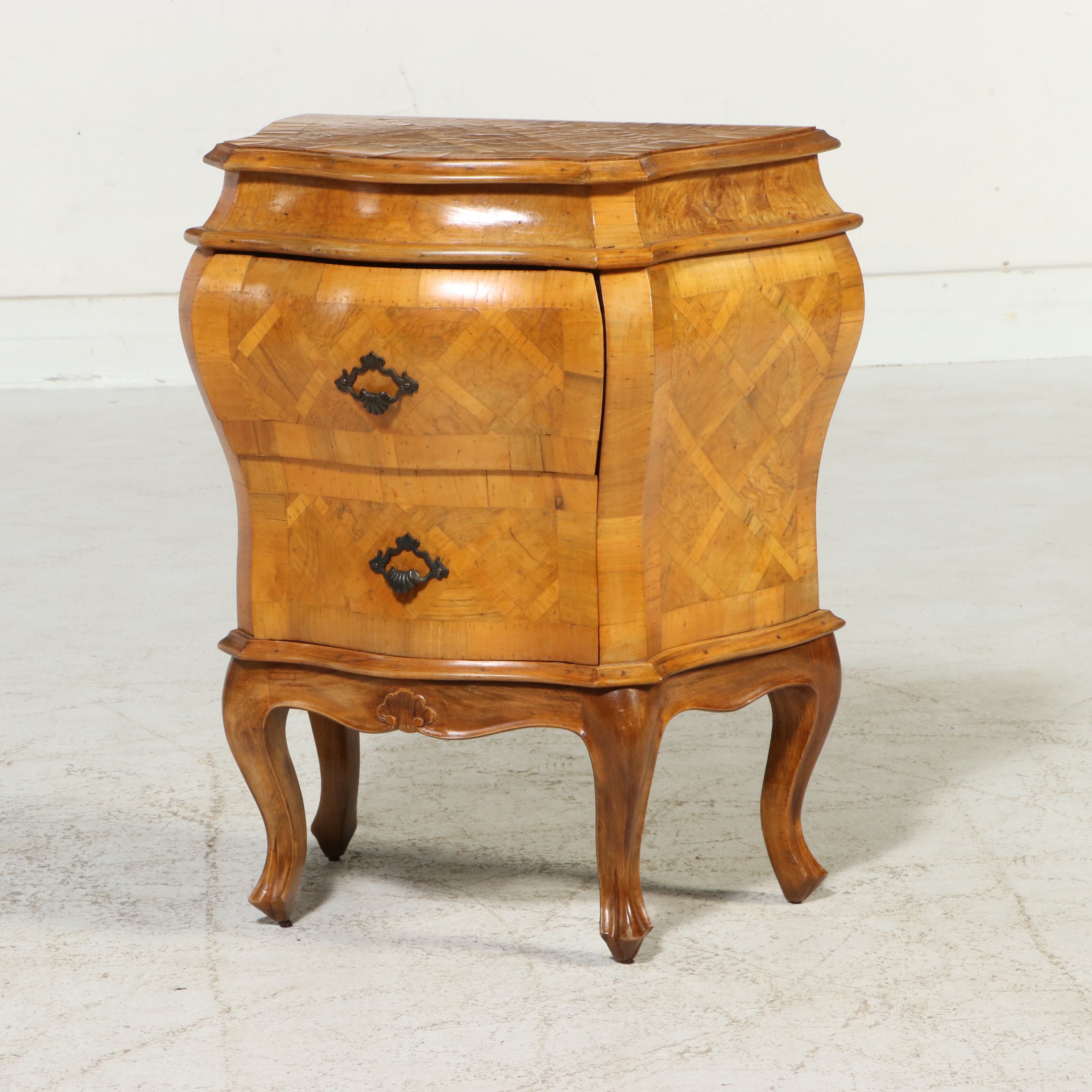 Pair of Baroque Style Parquetry Bombe Nightstands, Mid to Late 20th Century
