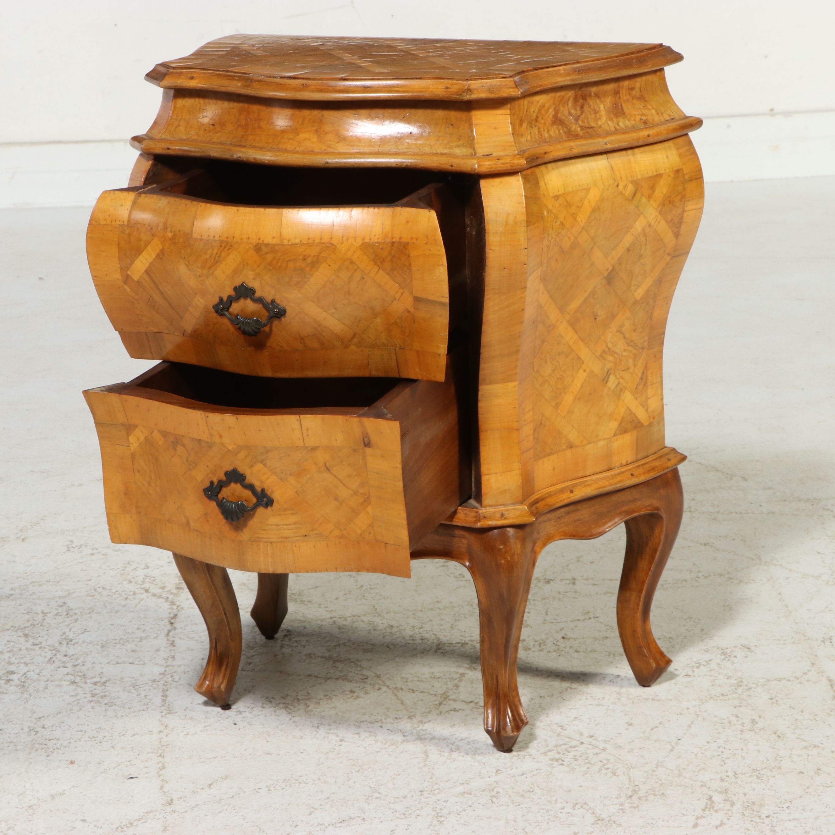 Pair of Baroque Style Parquetry Bombe Nightstands, Mid to Late 20th Century