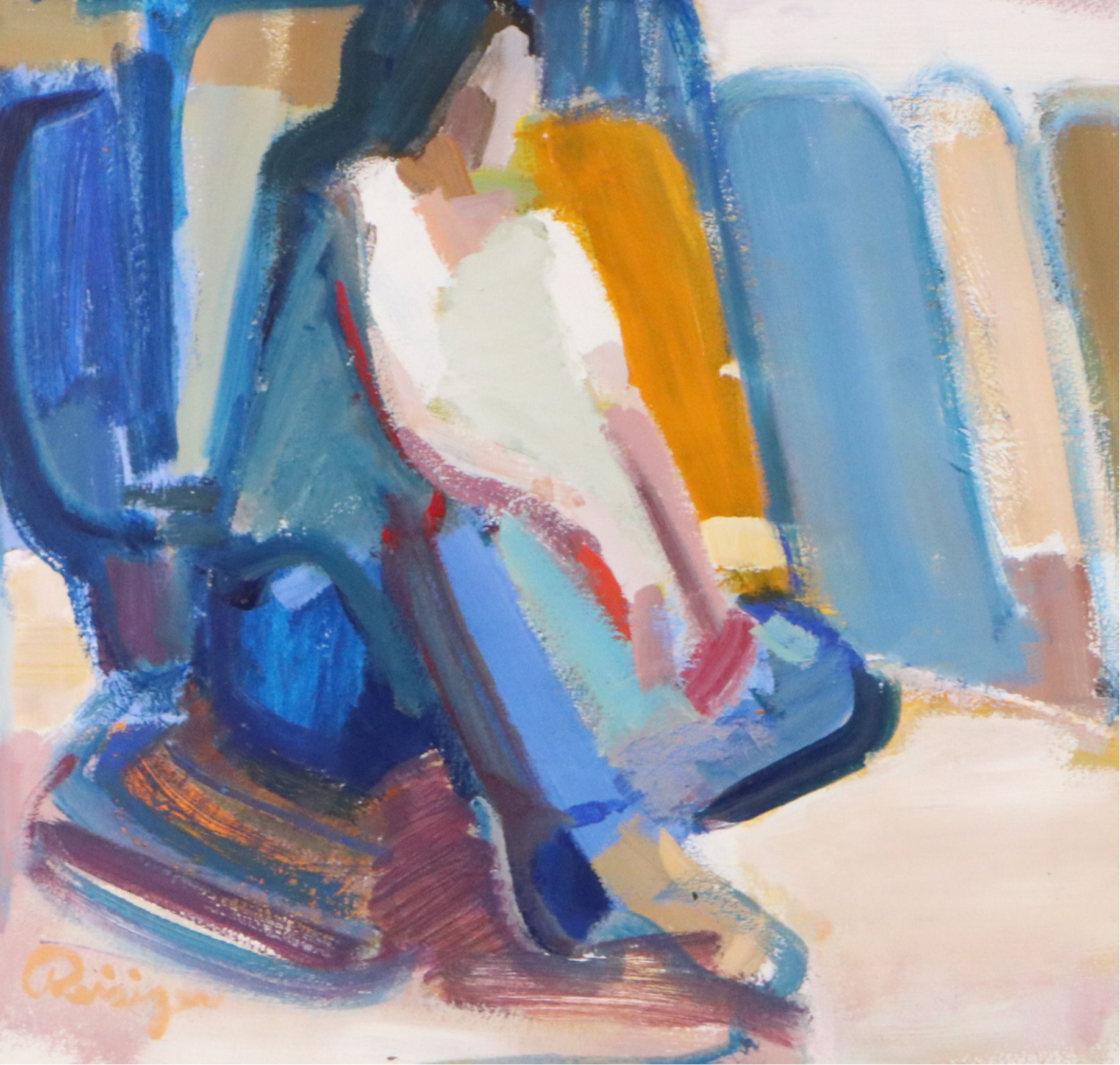 Harry Reisiger Acrylic Painting "Girl Sitting on a Cushion," Late 20th Century