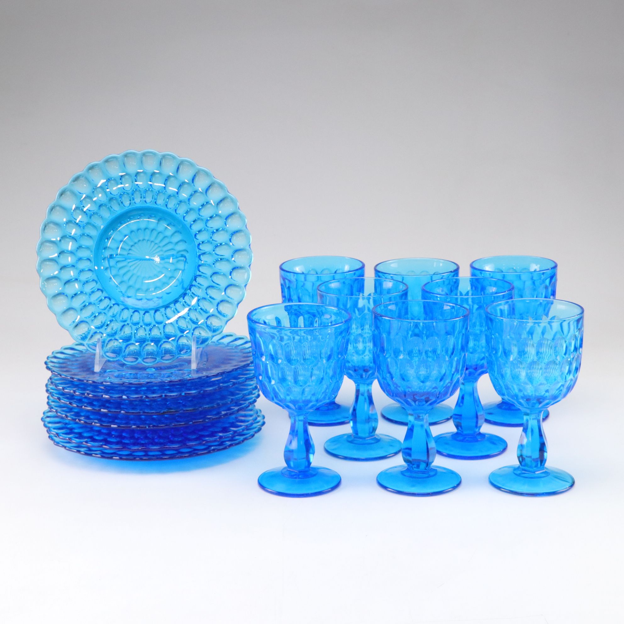 Fenton "Colonial Blue" Thumbprint Glass Water Goblets and Luncheon Plates