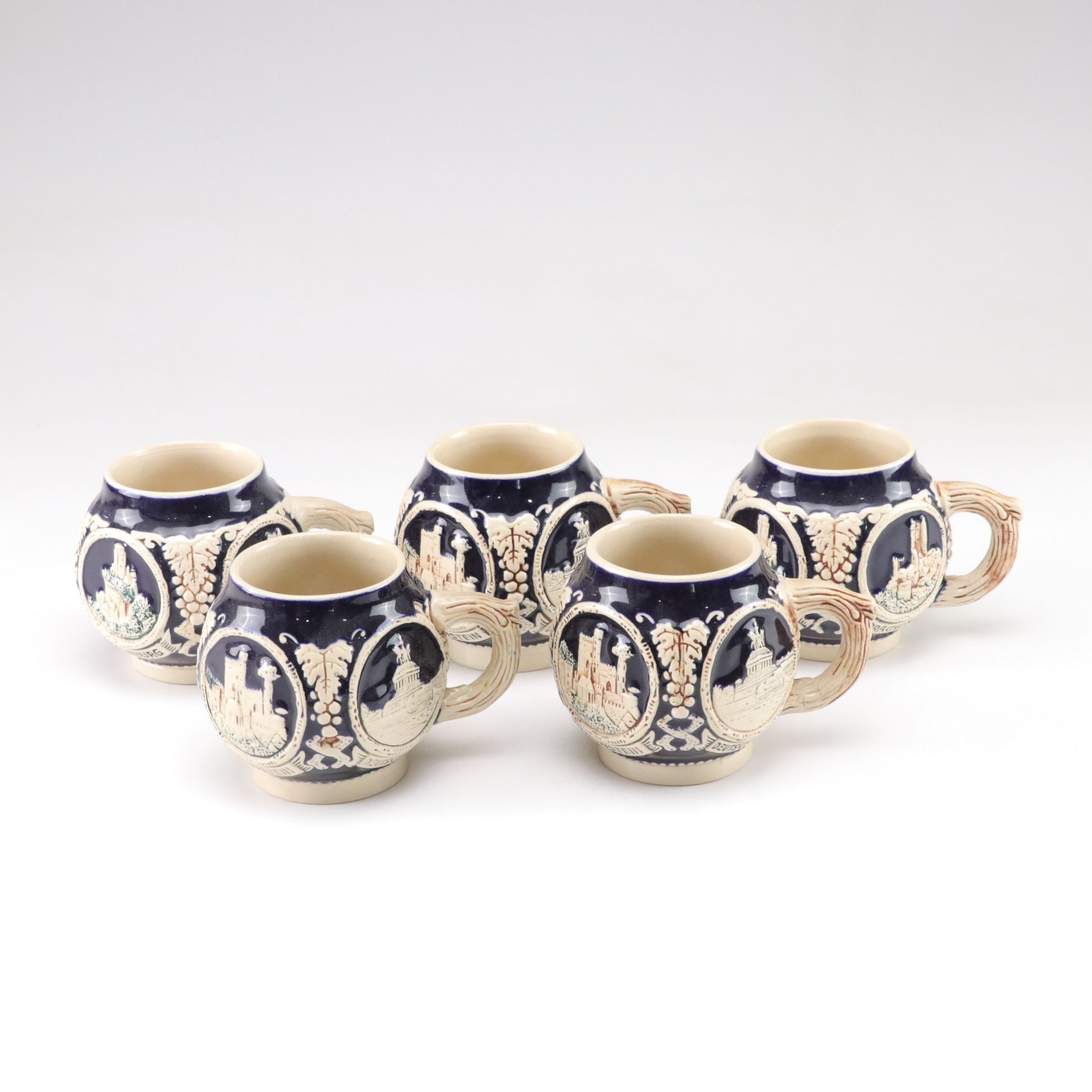 German Marzi & Remy Castles on the Rhein Lidded Punch Bowl and Cups