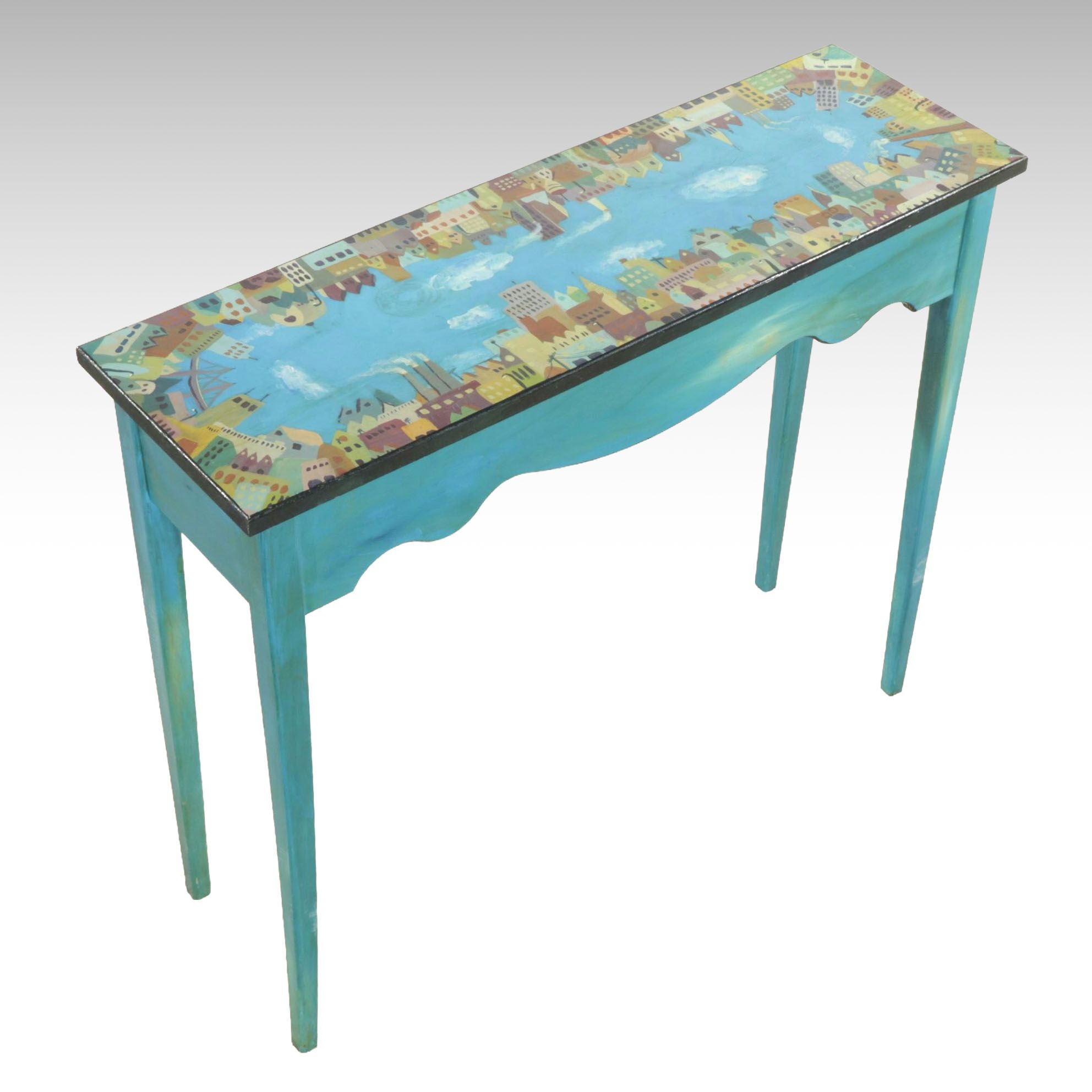 Hand-Painted Sofa Table with City Skyline Scene, 1996