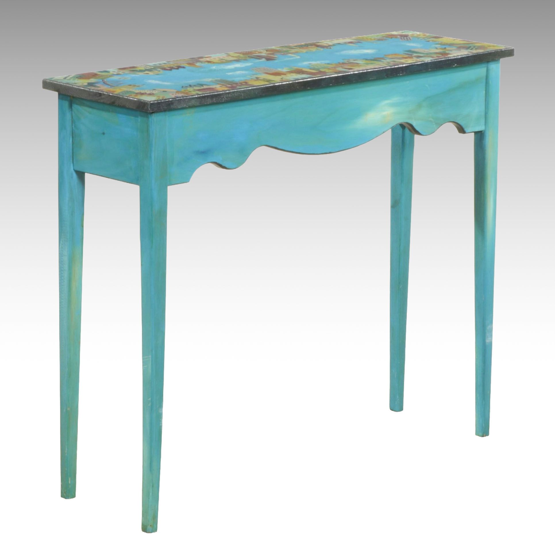 Hand-Painted Sofa Table with City Skyline Scene, 1996