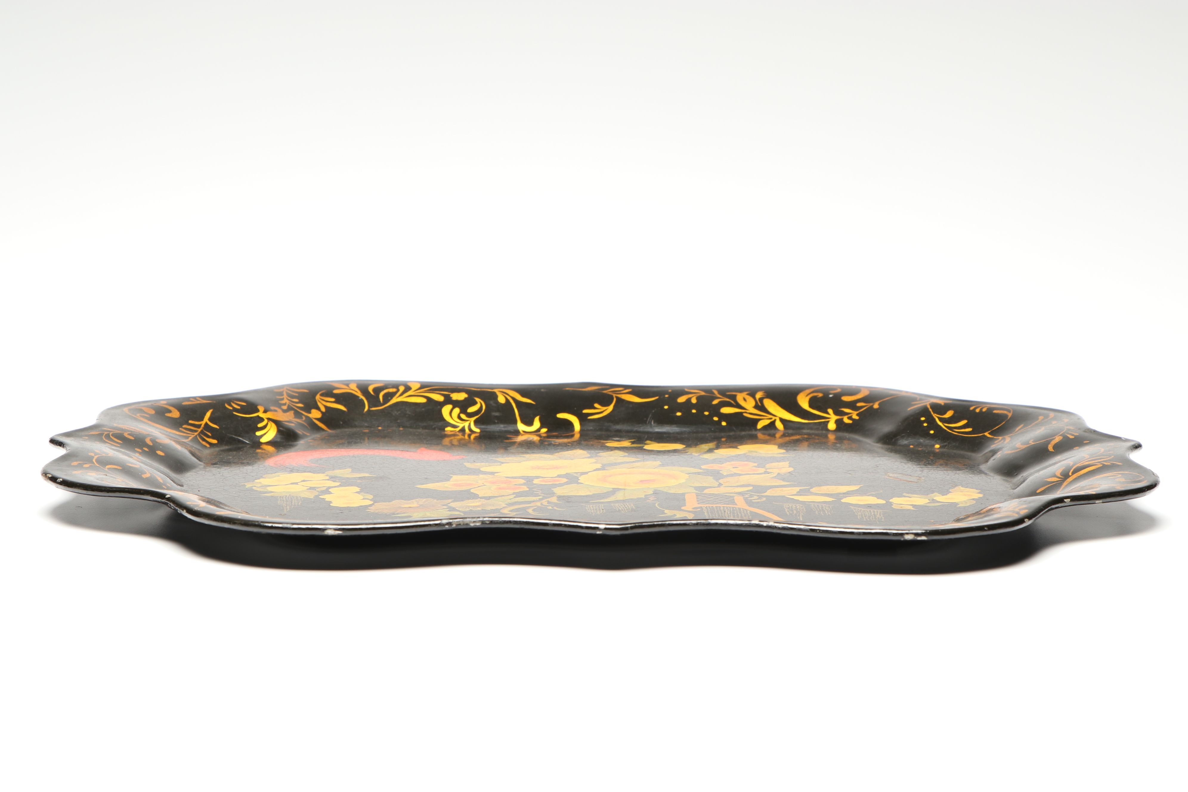 Lacquered and Hand-Painted Floral Metal Tray