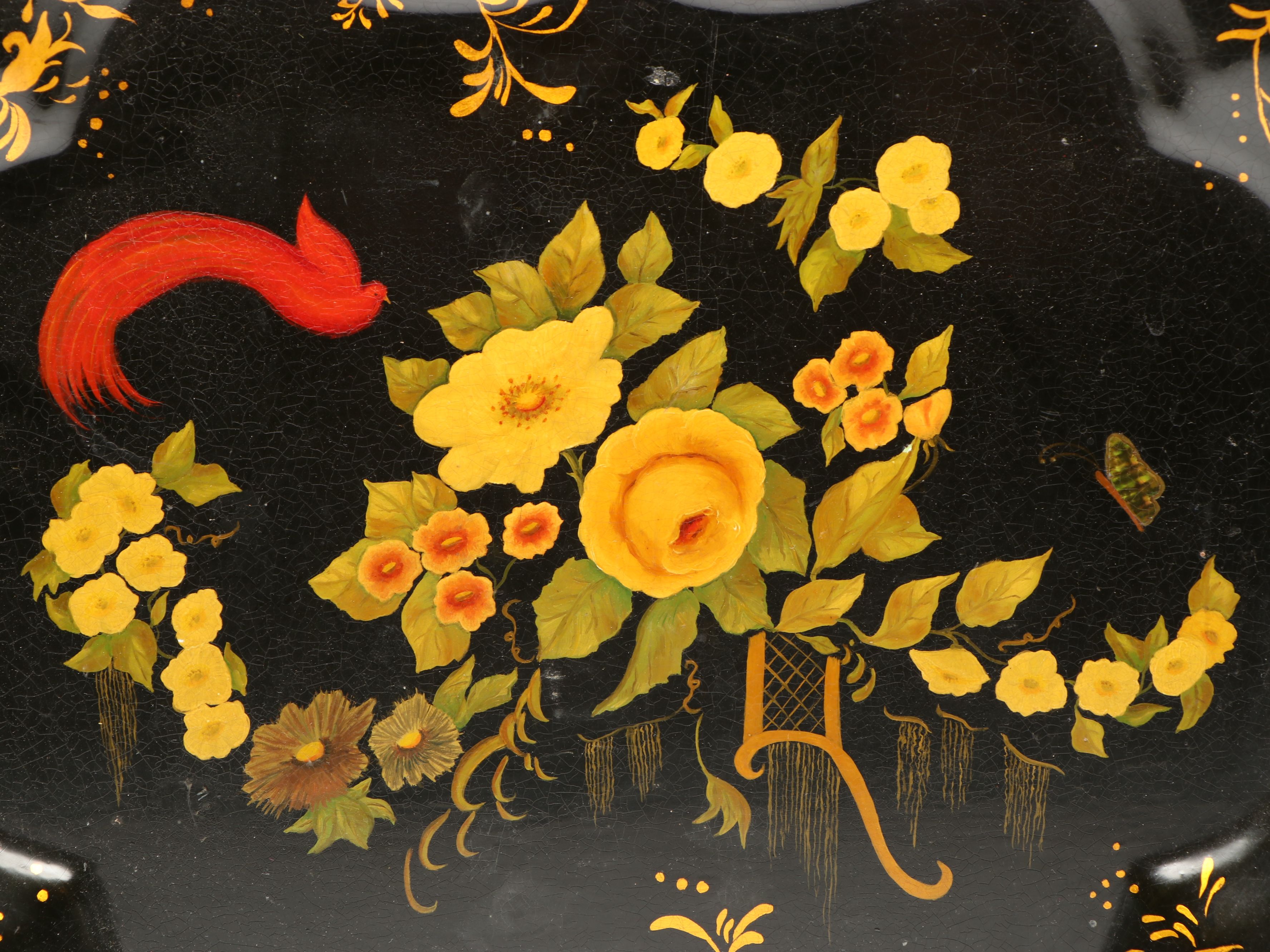Lacquered and Hand-Painted Floral Metal Tray
