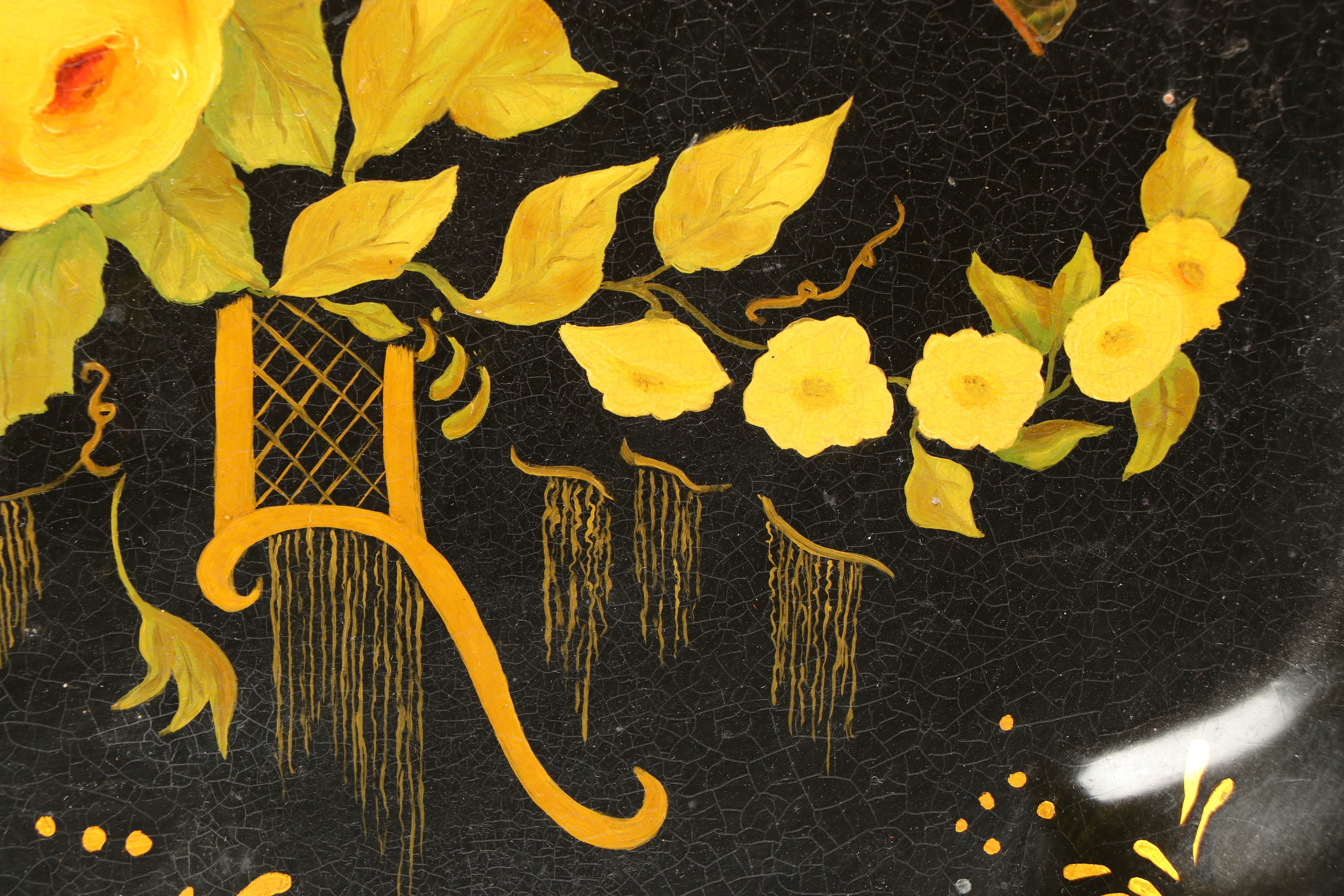 Lacquered and Hand-Painted Floral Metal Tray