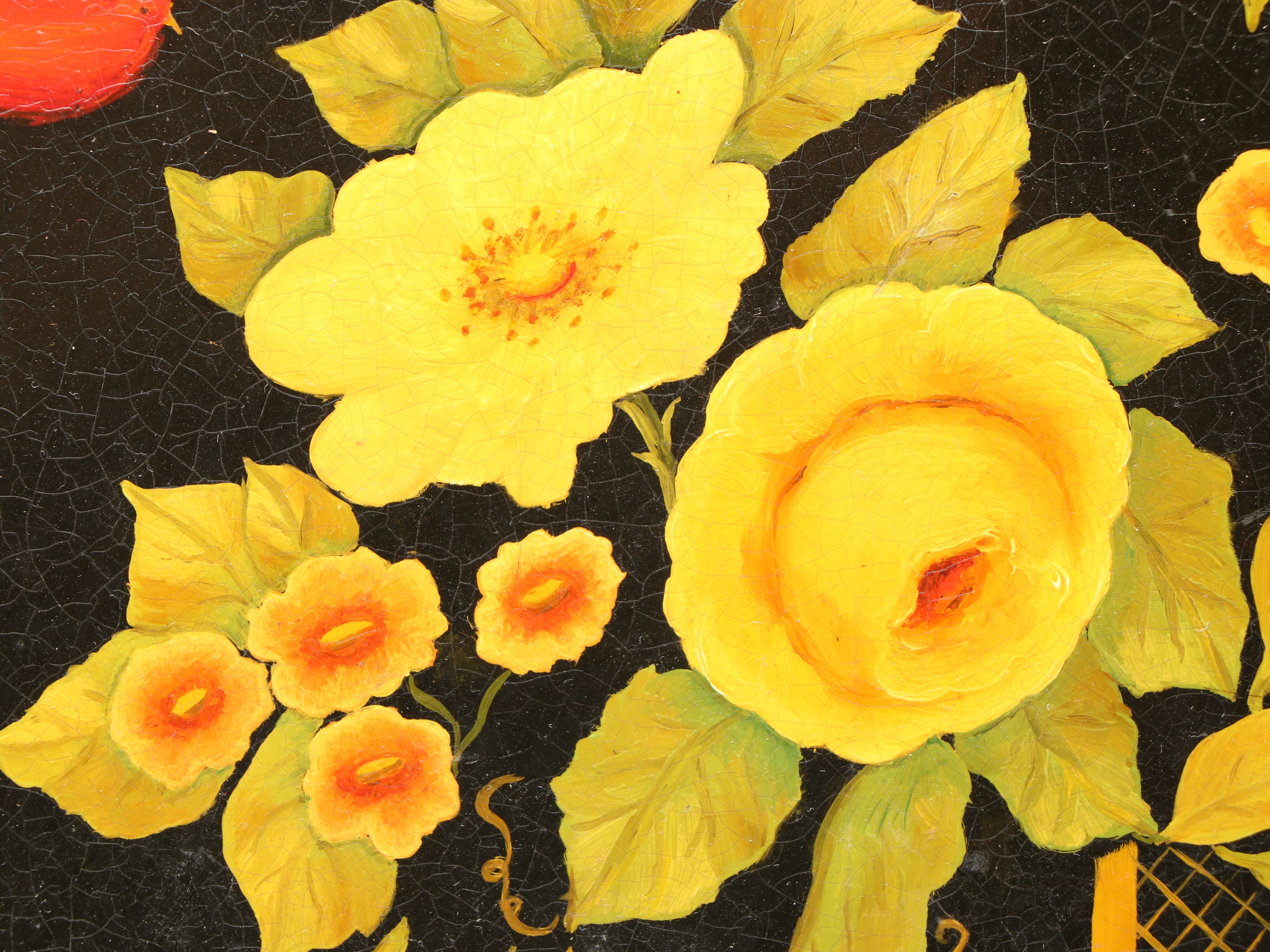 Lacquered and Hand-Painted Floral Metal Tray