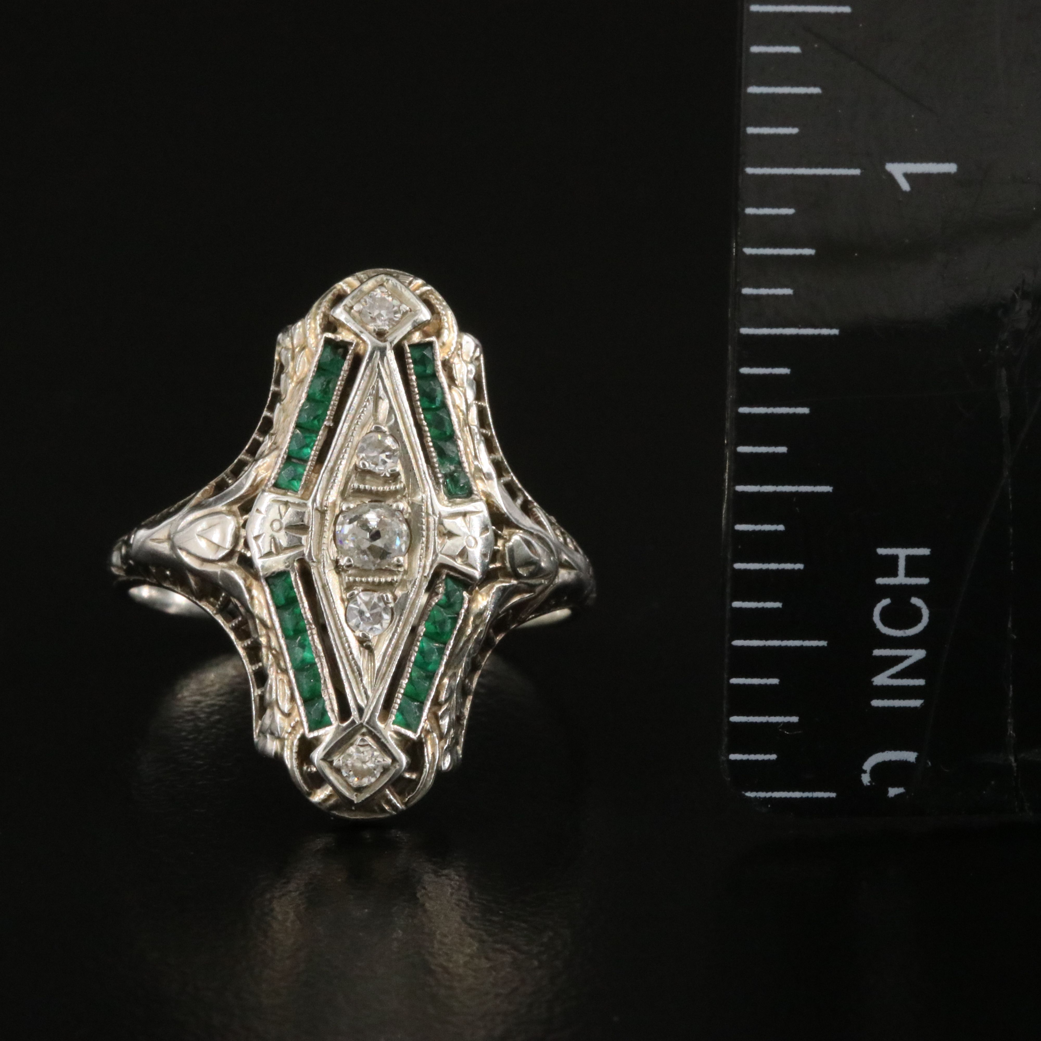 Art Deco J. R. Wood 18K 0.17 CTW Diamond and Green Glass Navette Ring